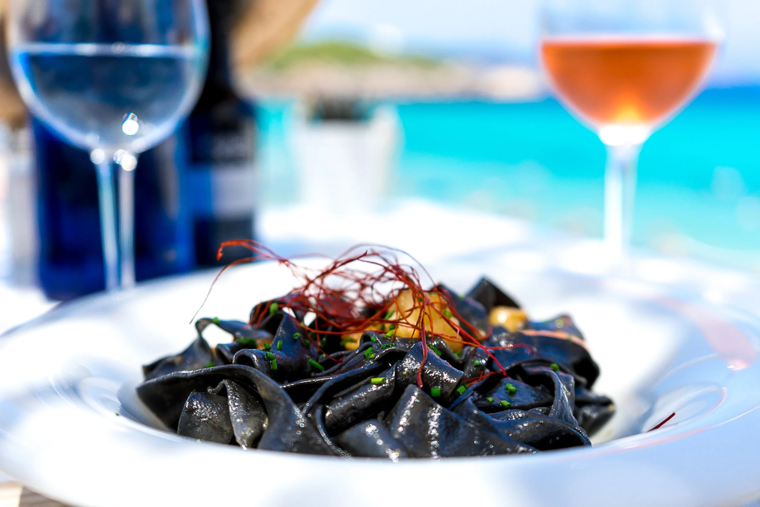 Squid ink papperdelle with prawns