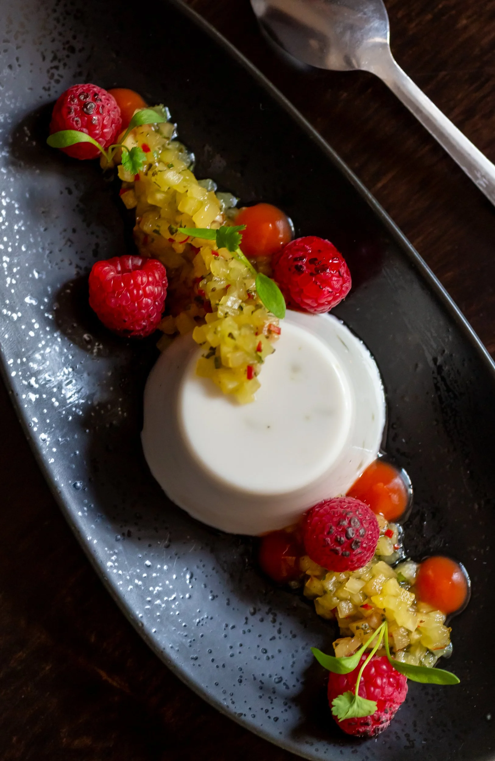 Classic vanilla panna cotta with seared pineapple salsa at The Wheatsheaf Inn Grayswood, Surrey – Pub Food Photography by Sequoia Studios