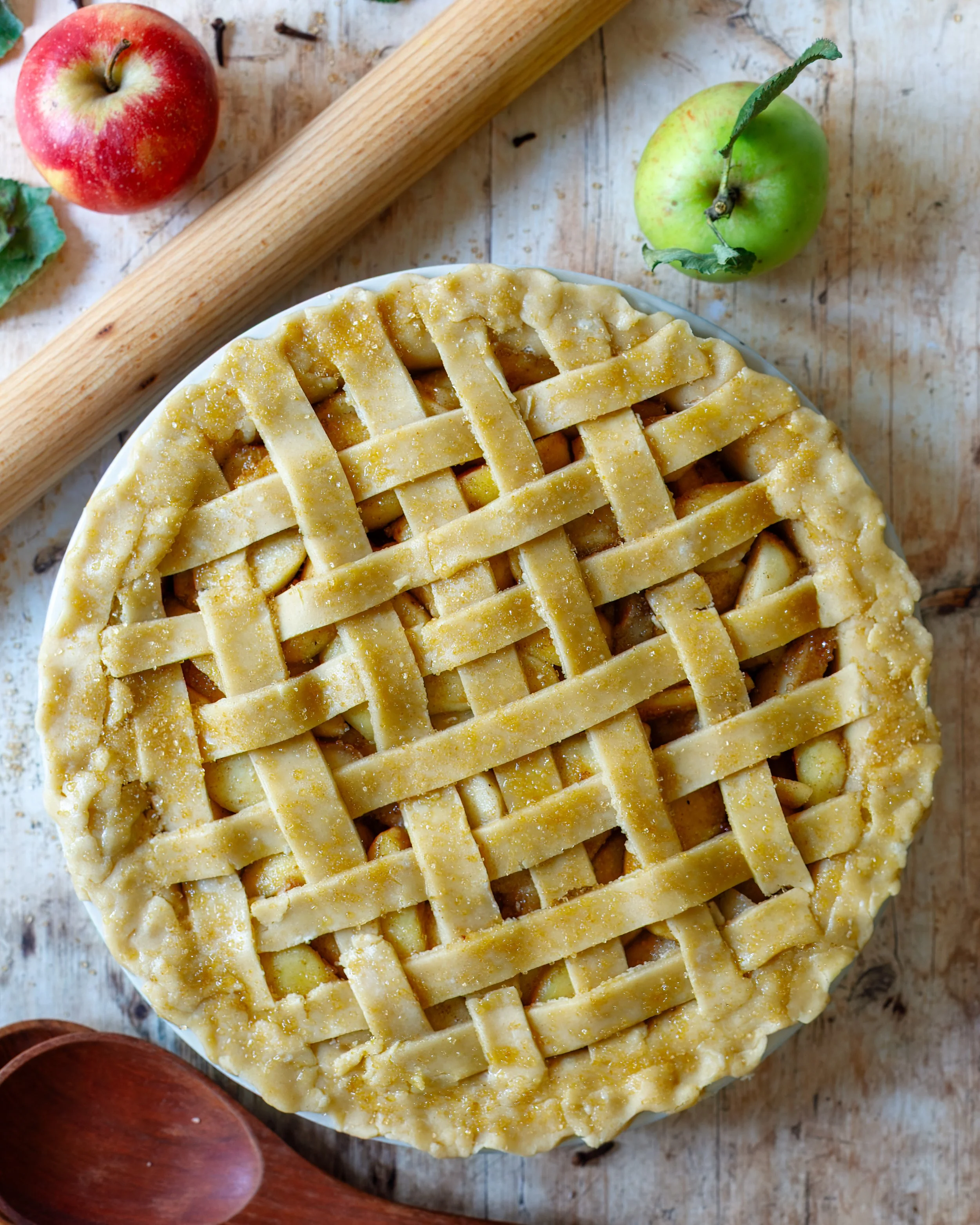 Homemade latticed apple pie ready for the oven