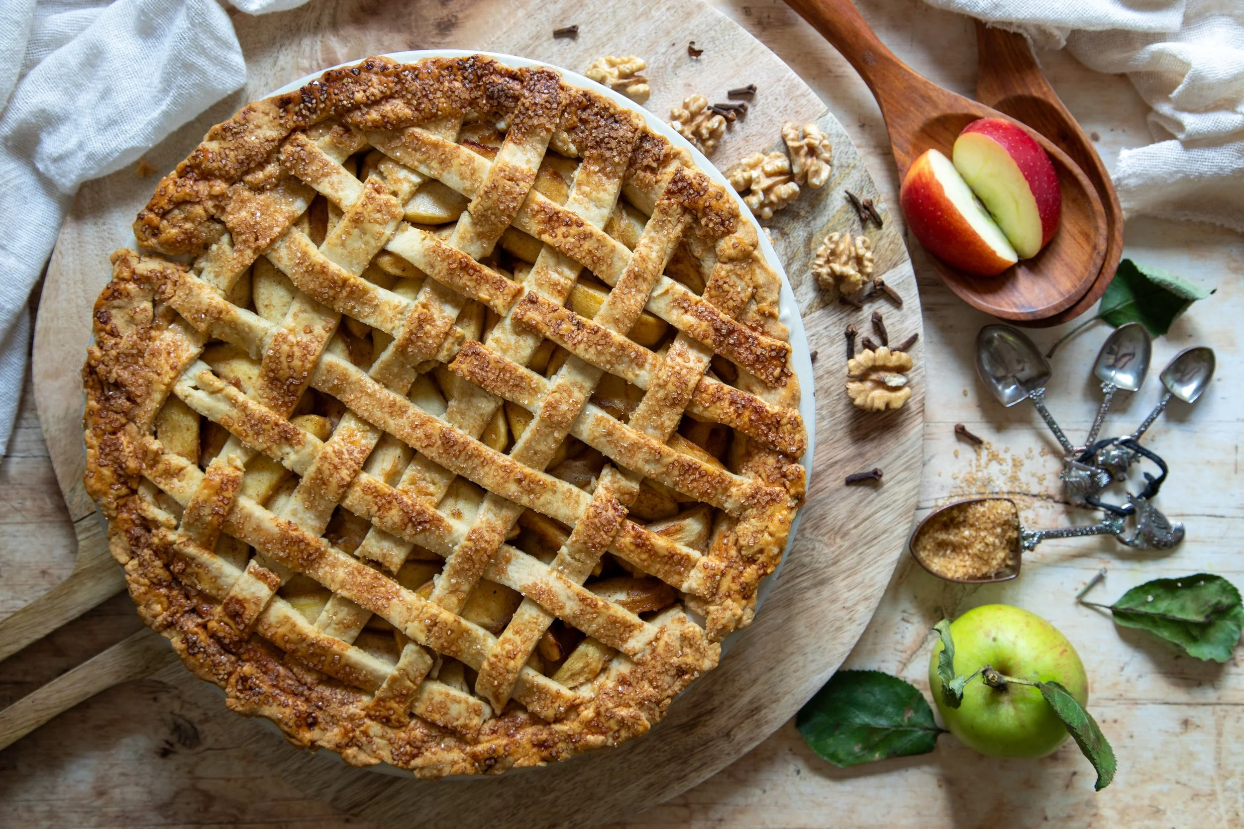Homemade latticed apple pie shot from above