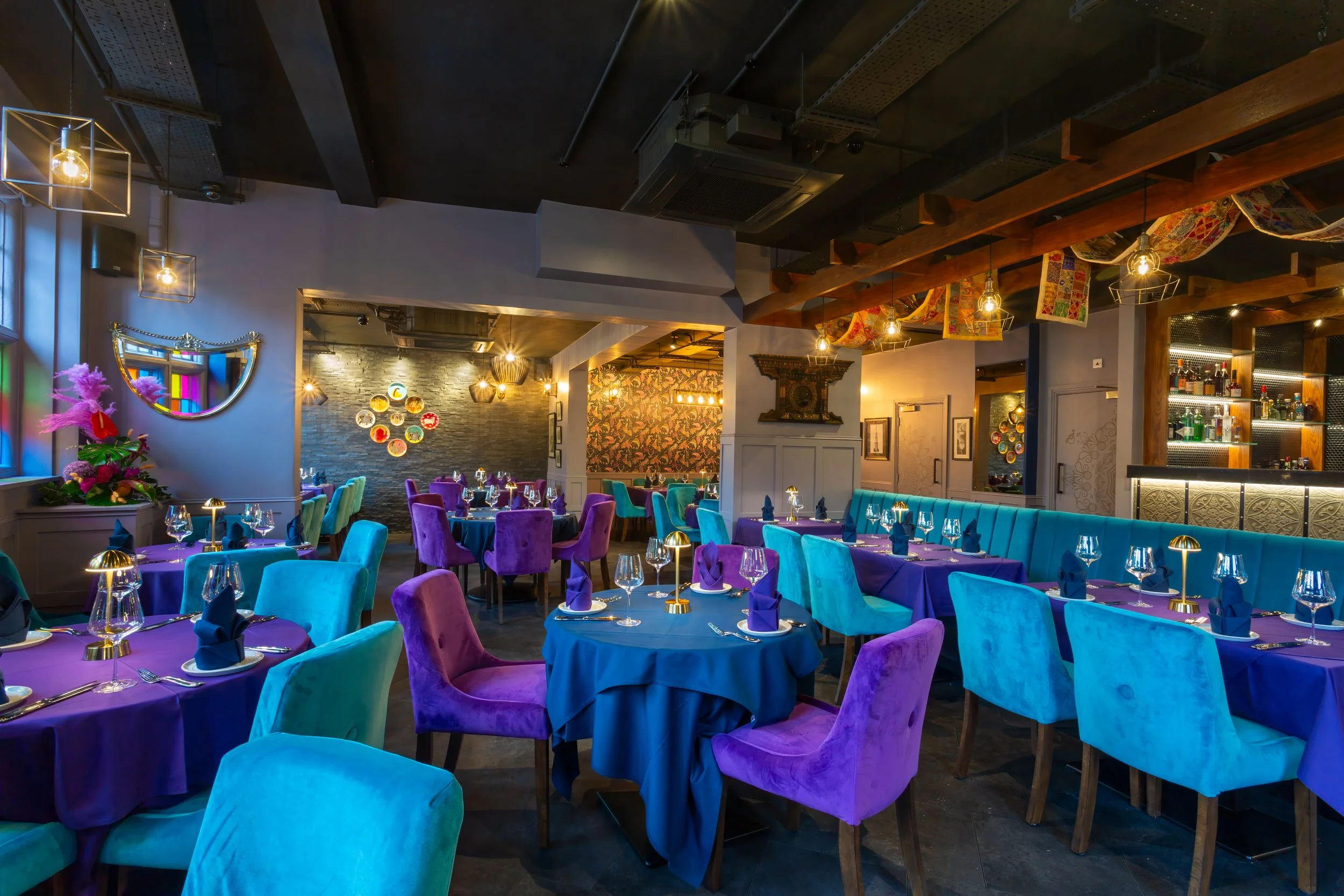 Wide shot of interior set for dinner – The Dilli, Haslemere – Restaurant Photography by Sequoia Studios