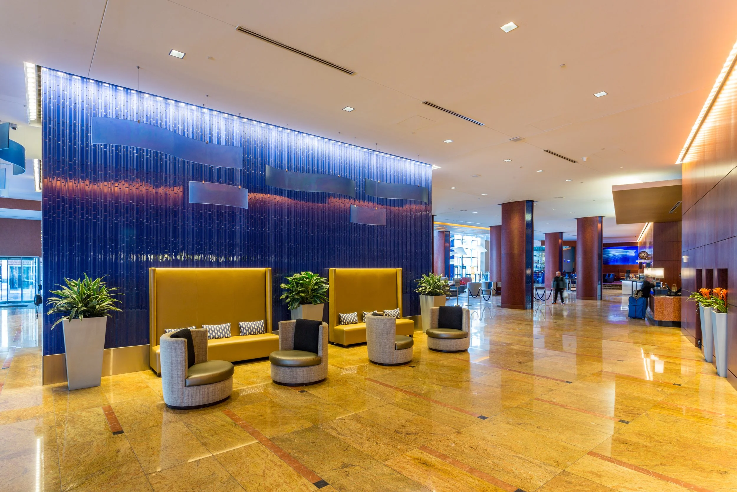 Lobby lounge seating at Hilton Hotel in Baltimore, USA