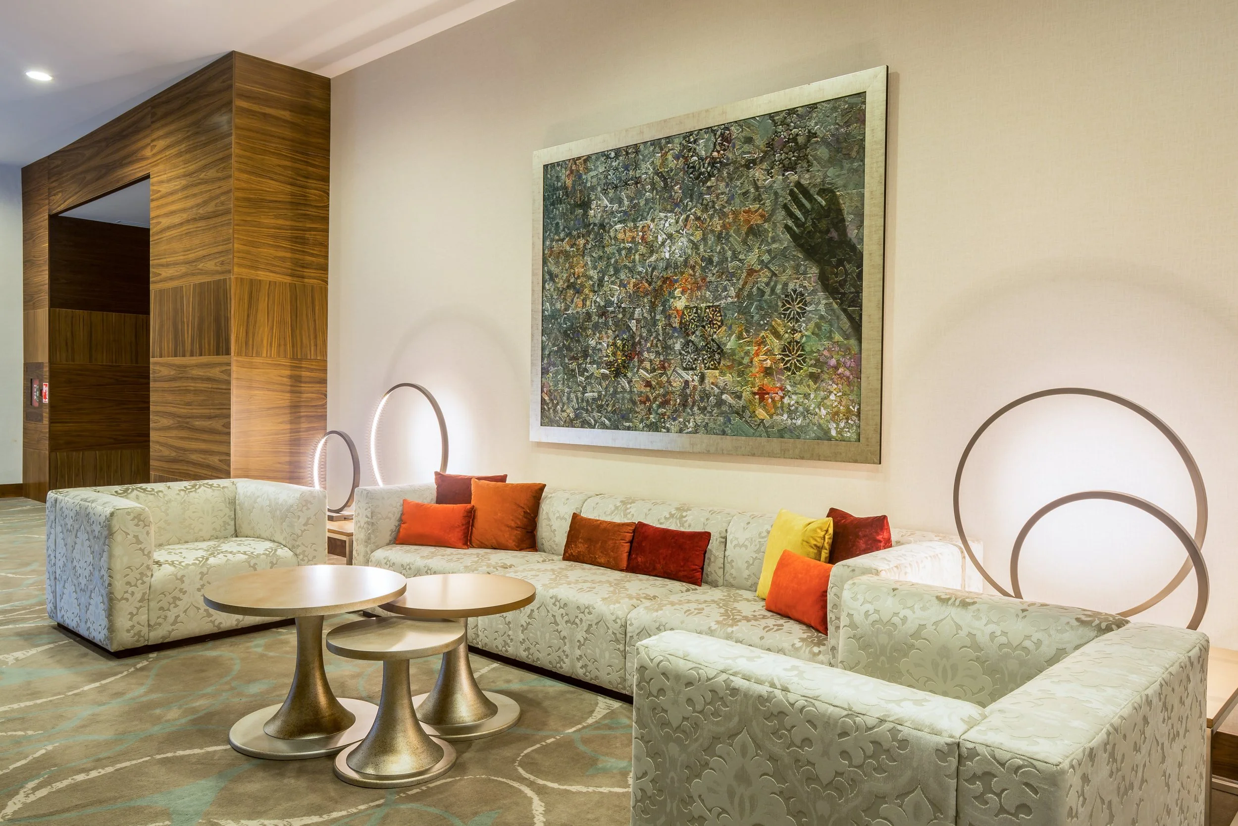 Mezzanine floor lounge sofas at Hilton Garden Inn hotel in Tangier, Morocco