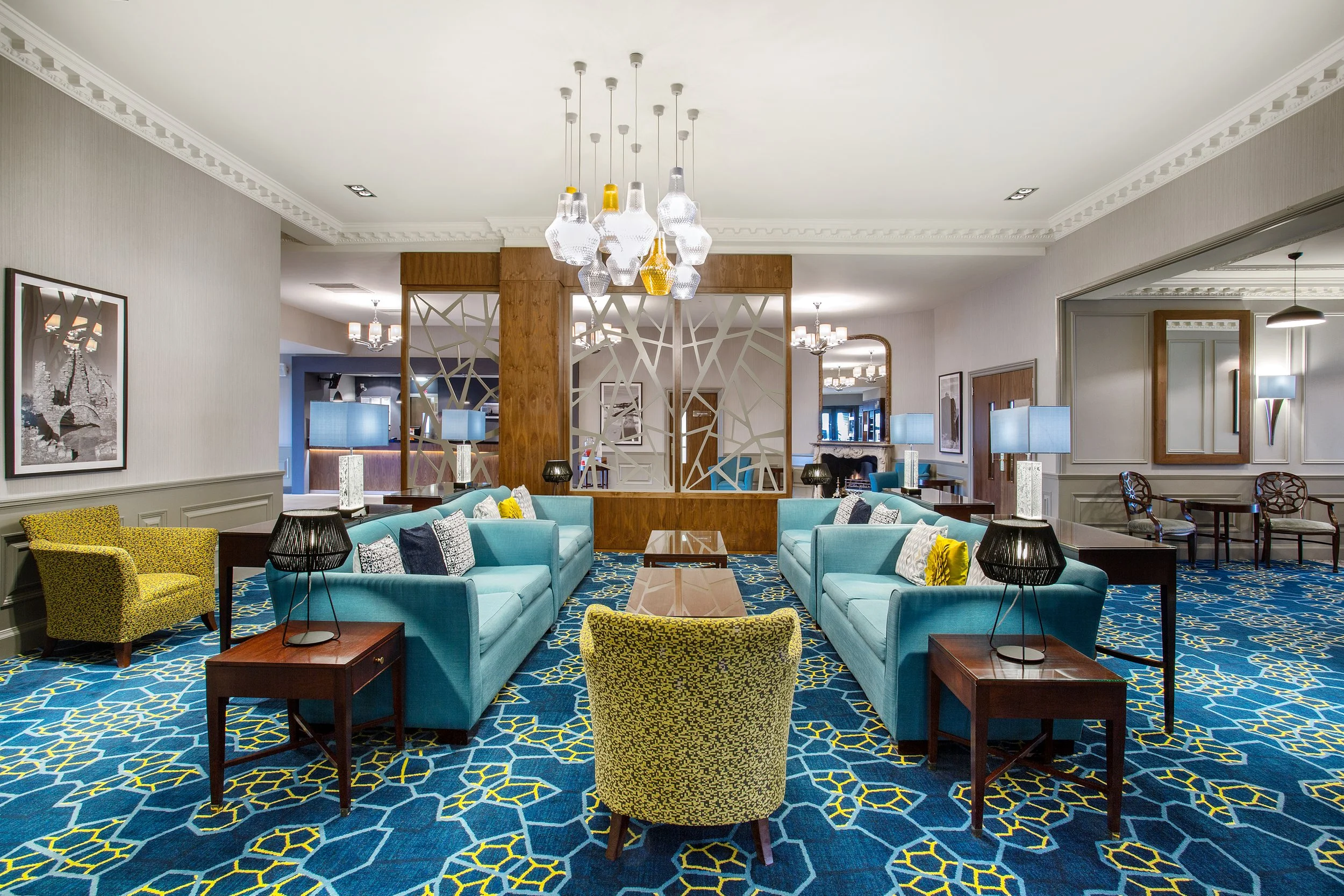 Lounge area in the lobby of Jurys Inn hotel at Aberdeen Airport in Scotland