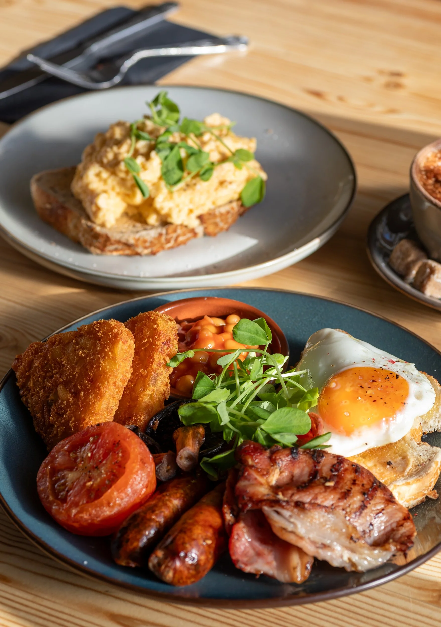 Full English breakfast at The Folly Wine Bar in Petersfield, Hampshire. Food photography by Sequoia Studios.