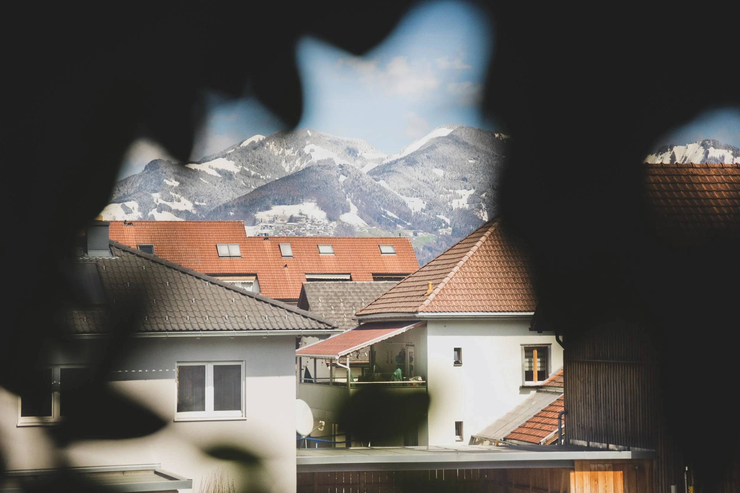 Ausblick aus dem Trias-Büro auf die Berge