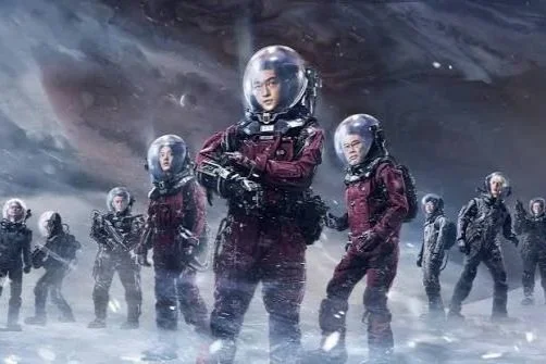 Group of women in space suits standing on a snowy landscape with a planet and stars in the background.