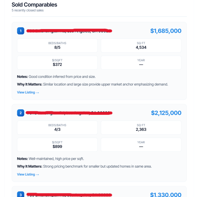 Screenshot of sold comparable houses listing with details on price, bedrooms, bathrooms, square footage, and price per square foot, including notes on condition and market value.