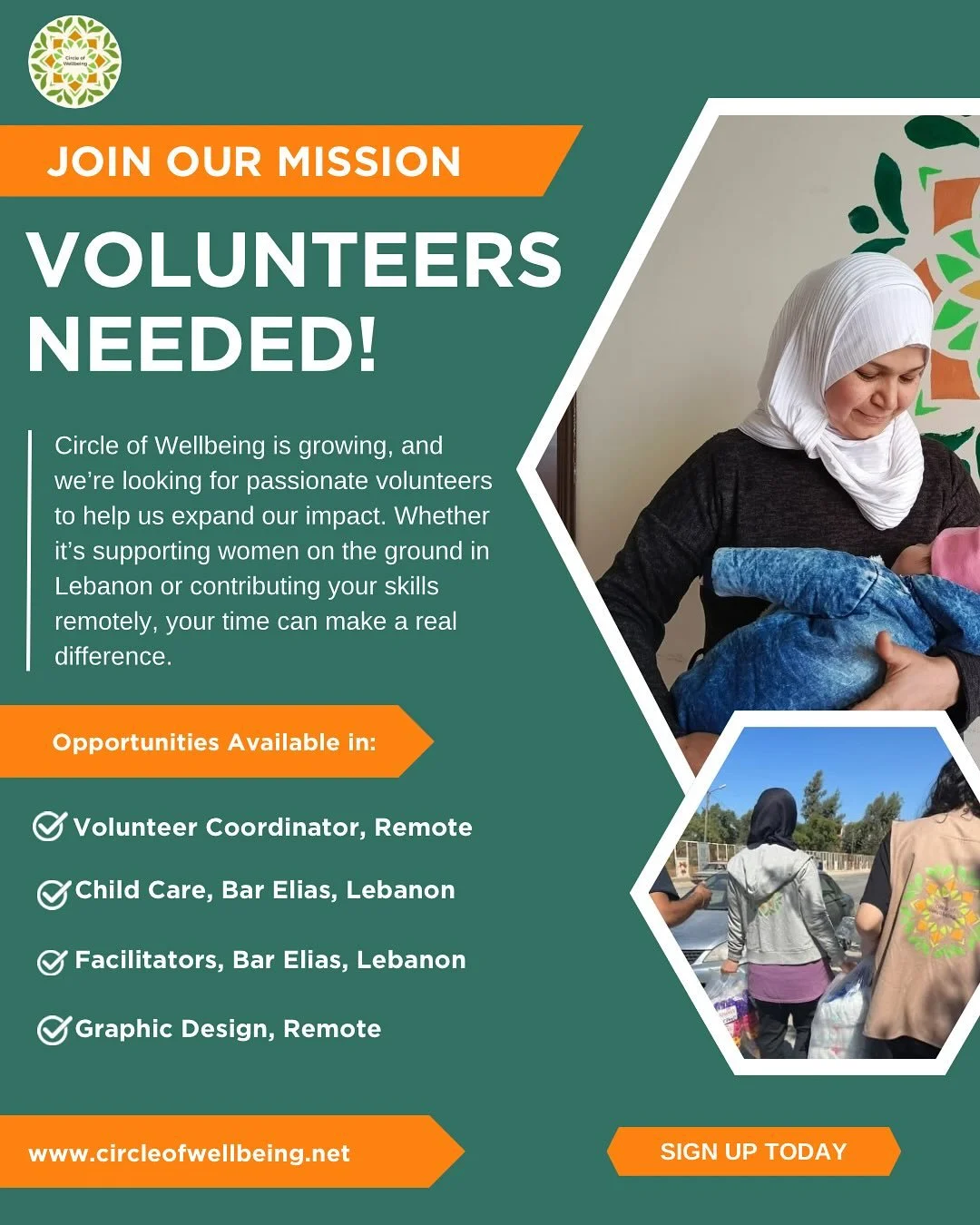 We&rsquo;re growing our team! 

Circle of Wellbeing is looking for passionate volunteers to support women&rsquo;s dignity, mental health, and wellbeing. From creative remote roles to on-the-ground support in Lebanon, your time and skills can make a r