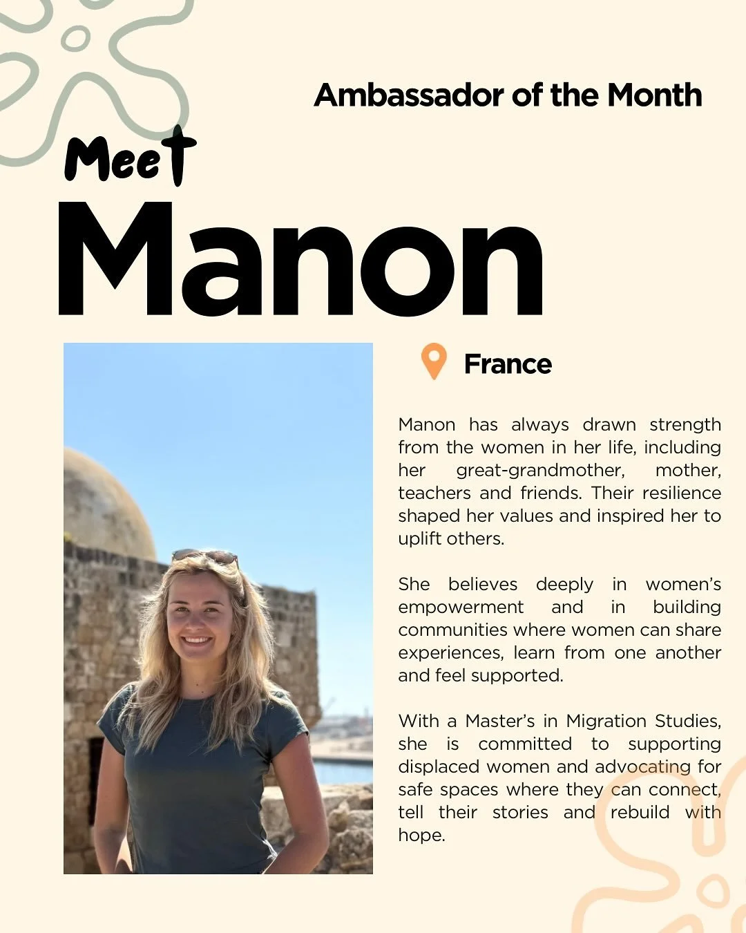 ✨ Meet our Ambassador of the Month: Manon Dufour ✨ 

Inspired by the resilience of the women before her, Manon is dedicated to creating safe spaces where women can share their stories, find strength, and rebuild with hope. 

With a Master&rsquo;s in 
