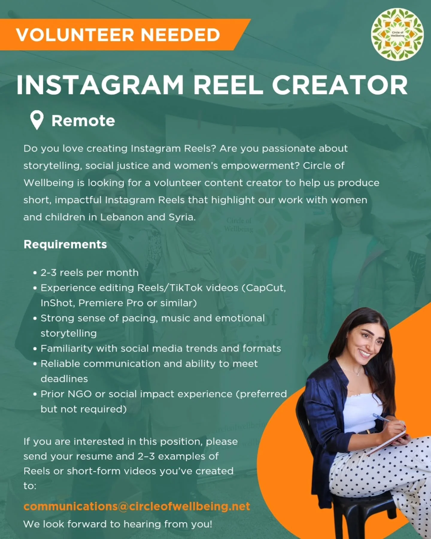 We&rsquo;re looking for a creative volunteer! 🎬

Do you love making Instagram Reels and telling powerful stories through video? 🎥
Circle of Wellbeing is seeking a Volunteer Instagram Reel Creator to help us produce short, impactful Reels that highl
