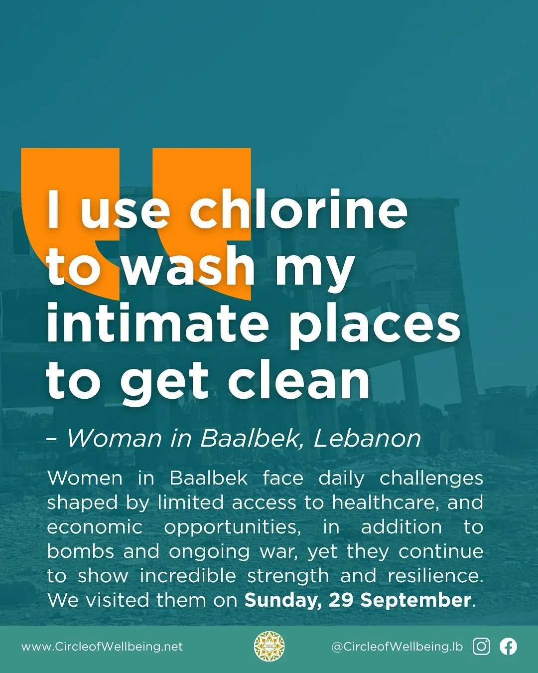 &ldquo;I use chlorine to wash my intimate places to get clean.&rdquo;

These words from a woman in Baalbek highlight the urgent need for safe hygiene, healthcare, and education.

On Sunday, 29 September, we met with 38 women for a Sexual and Reproduc
