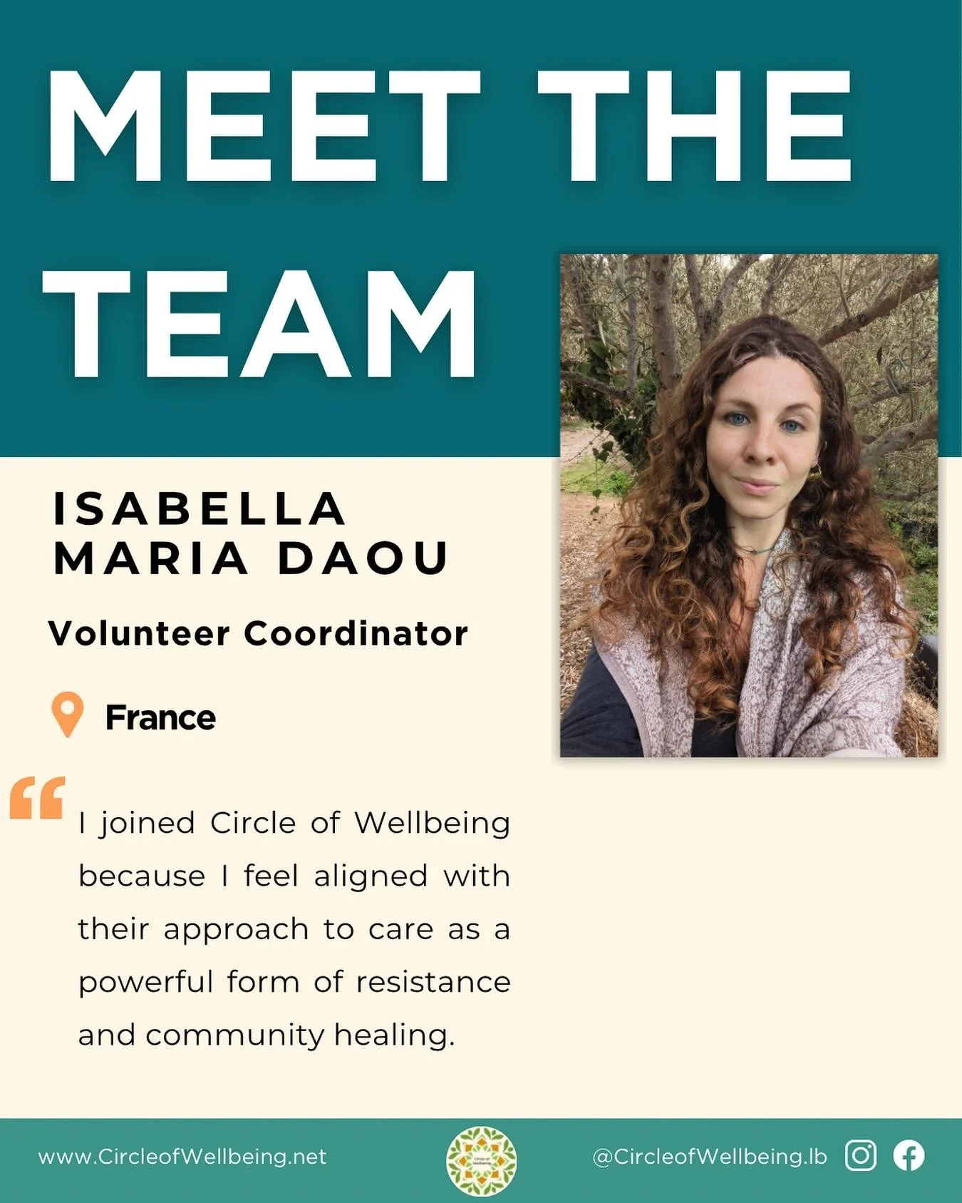 Meet Isabella &ndash; Volunteer Coordinator

Isabella joins Circle of Wellbeing as our new Volunteer Coordinator! She supports our growing community of volunteers, helping connect passionate people with meaningful opportunities to make a difference. 