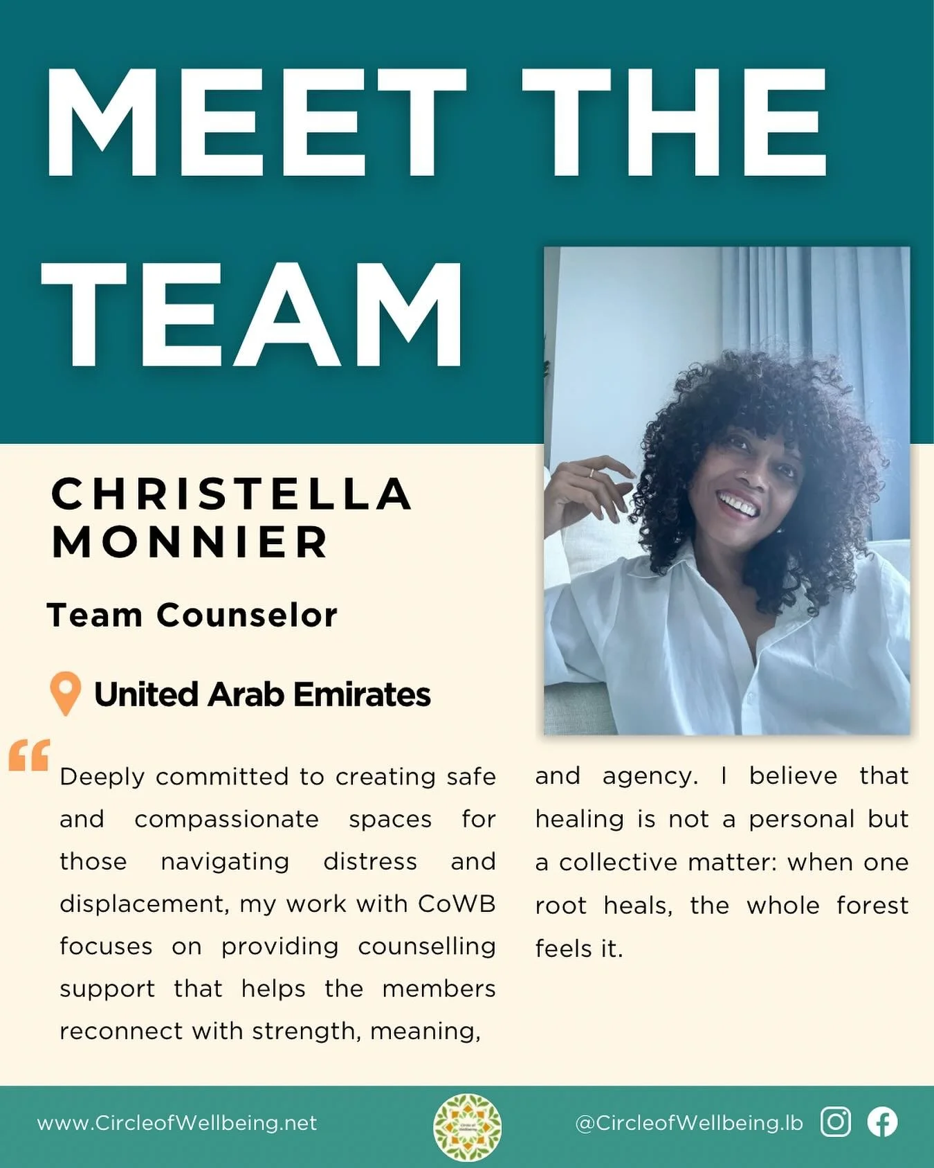 Meet Christella &ndash; Team Counselor

Christella joins Circle of Wellbeing as our Team Counselor, working remotely from the United Arab Emirates! Deeply committed to creating safe and compassionate spaces for those navigating distress and displacem
