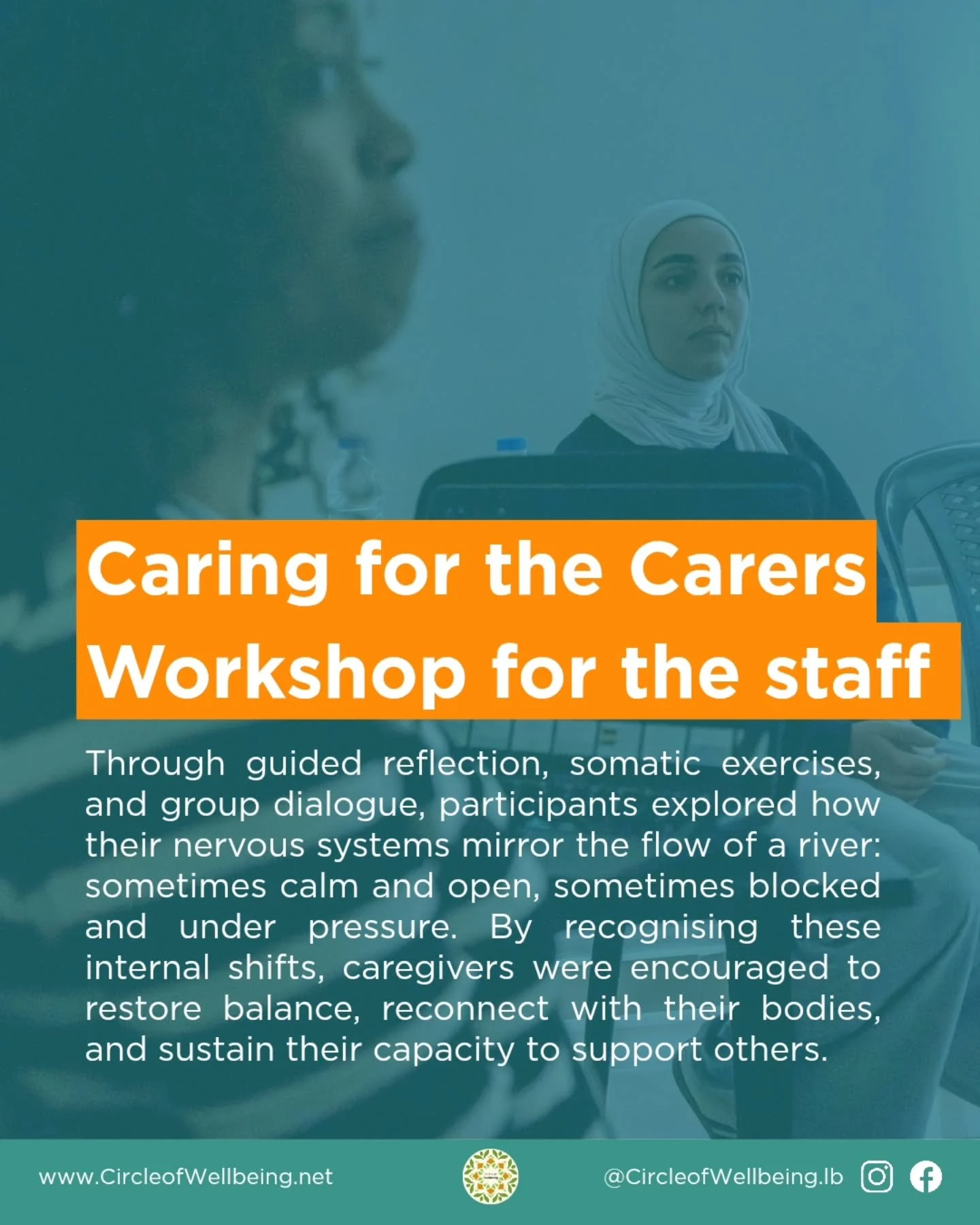 At Circle of Wellbeing, our team came together for a Caring for the Carers workshop, a space to slow down, listen inward, and reconnect with our own flow.

Christella came from Dubai to our Women Center only to give us a moving and important workshop