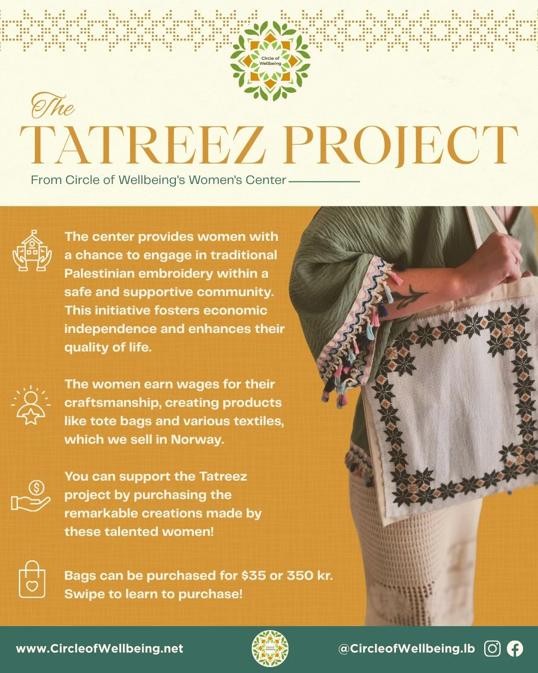 The Tatreez Project creates space for women in Lebanon to work with dignity, earn a fair wage, and preserve Palestinian embroidery passed down through generations.

Each tote bag directly supports our women&rsquo;s center and helps create opportuniti