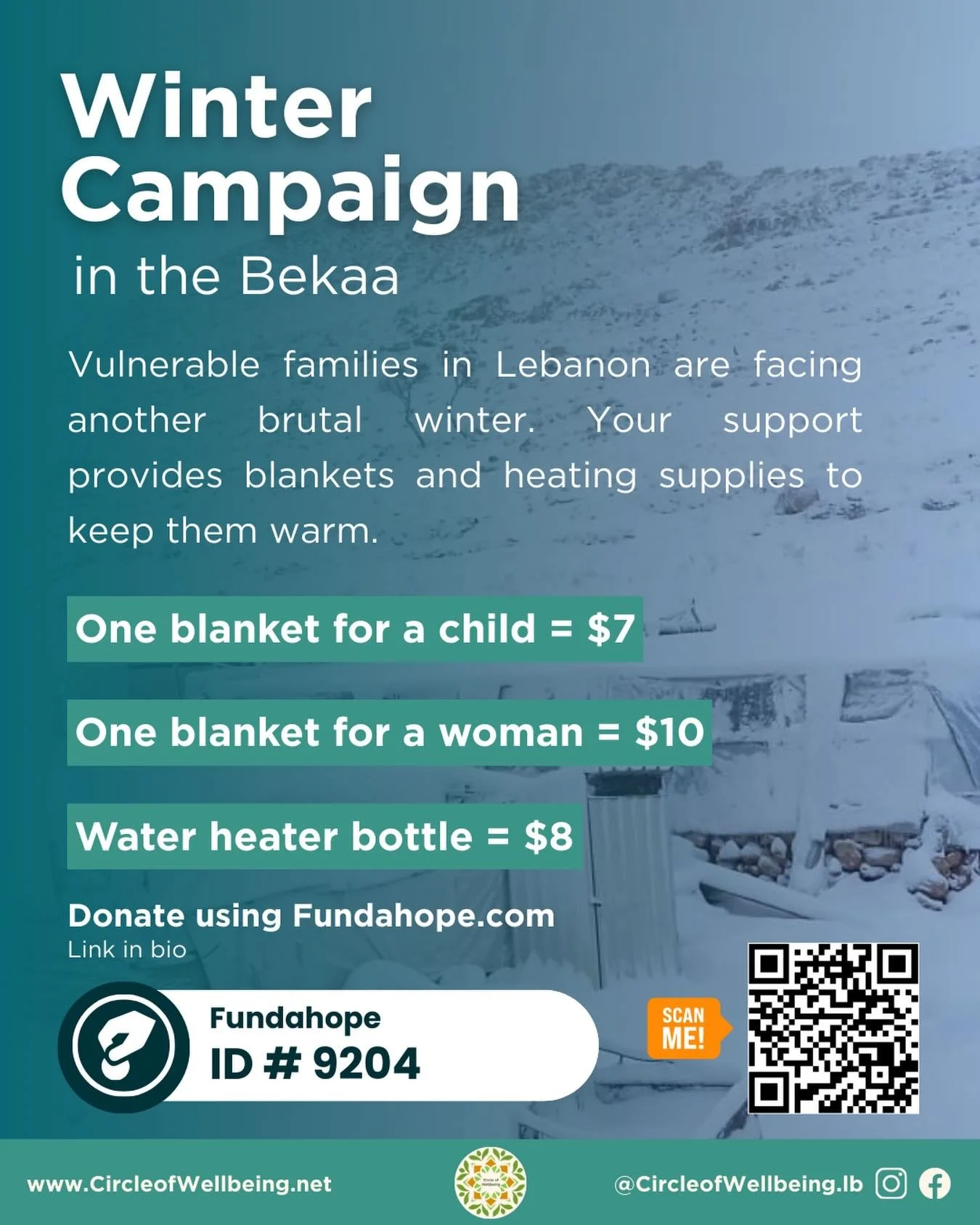 Winter in the Bekaa is harsh, but together we can help families stay warm. 

Your support provides blankets and heating supplies to women and children facing another difficult season.
$7 = blanket for a child
$10 = blanket for a woman
$8 = water heat