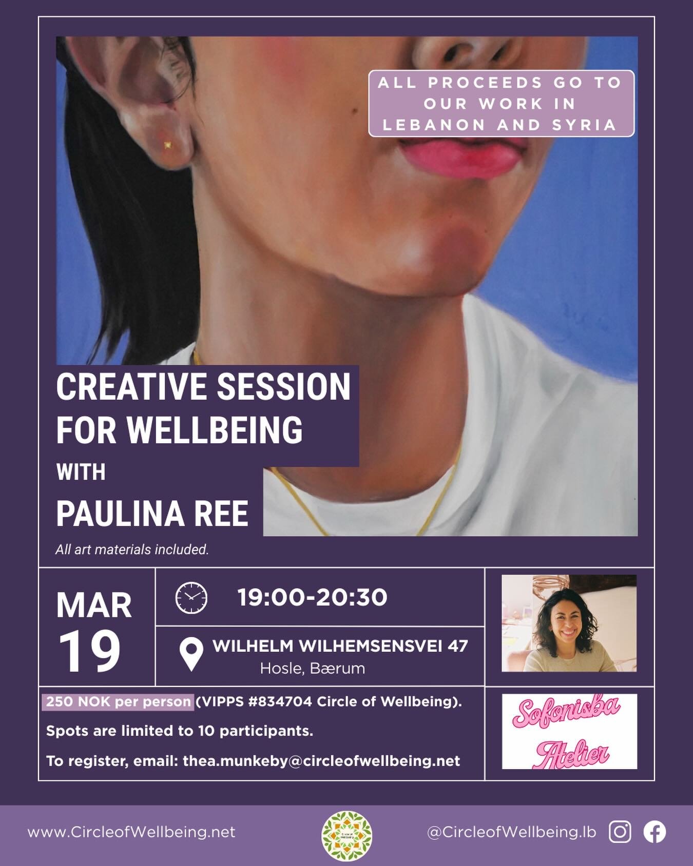Join us for a creative evening that supports our work in Lebanon and Syria.

On March 19, artist Paulina Ree will lead a Creative Session for Wellbeing at Sofoniska Atelier in B&aelig;rum, Norway. During this workshop, participants will explore creat