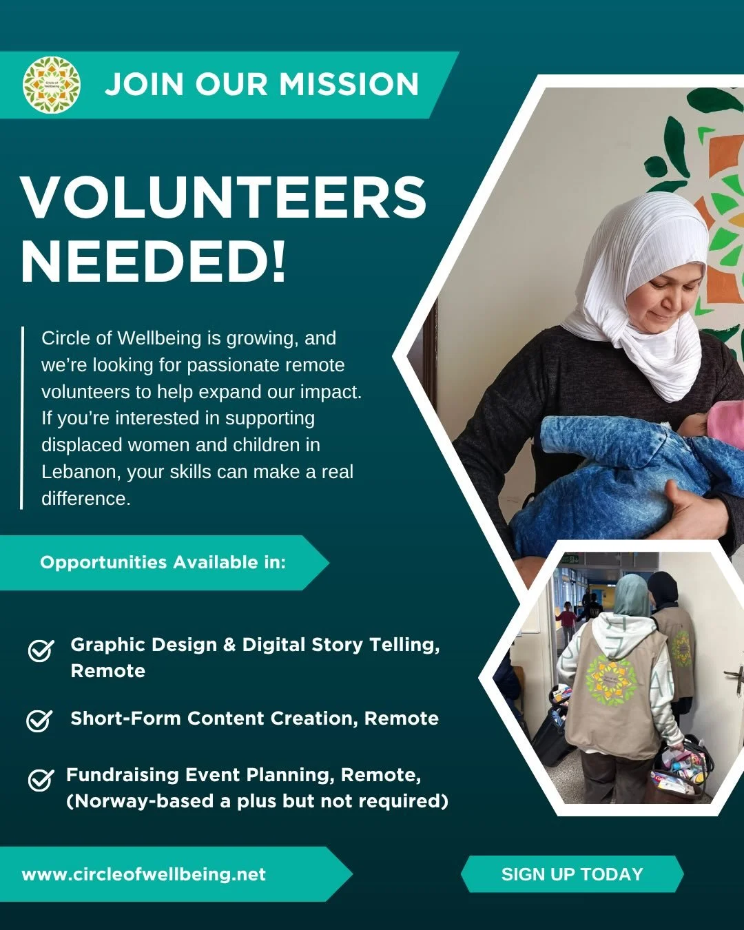 Looking for a way to support displaced women and children in Lebanon?

Circle of Wellbeing is looking for passionate volunteers to join our team. 

Whether you&rsquo;re a graphic designer, content creator, or interested in planning fundraising events