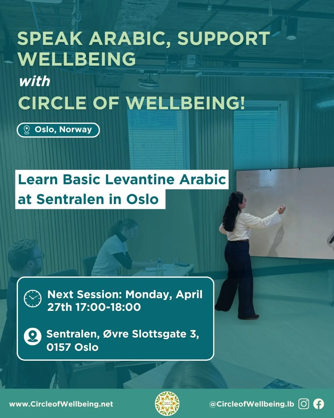 Speak Arabic. Build connection. Support wellbeing.

Join us in Oslo for a beginner-friendly Levantine Arabic session with Circle of Wellbeing. Whether you&rsquo;re starting from zero or just curious, you&rsquo;re welcome.

Next session
Monday, April 
