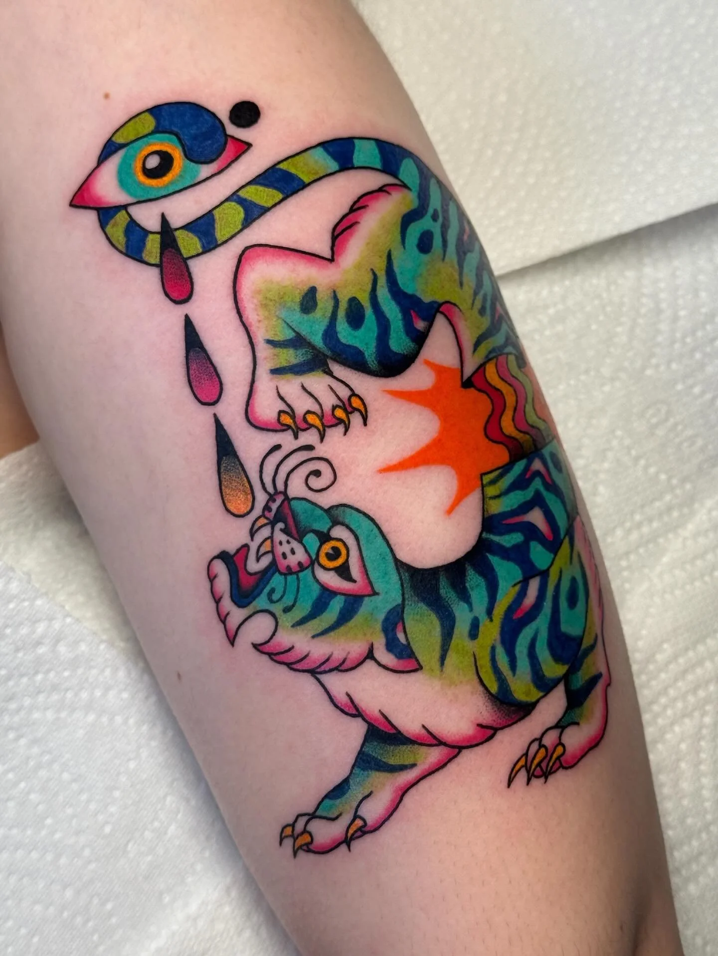 here I present u with Daniel (she/her) a sick psychedelic tiger I made for the lovely Aneka (pictured with Otis the cat). Could have been happier making a tattoo (unless we also made it a clown 🤡) thanks so much! 

Want your own trippy cat? Call me 