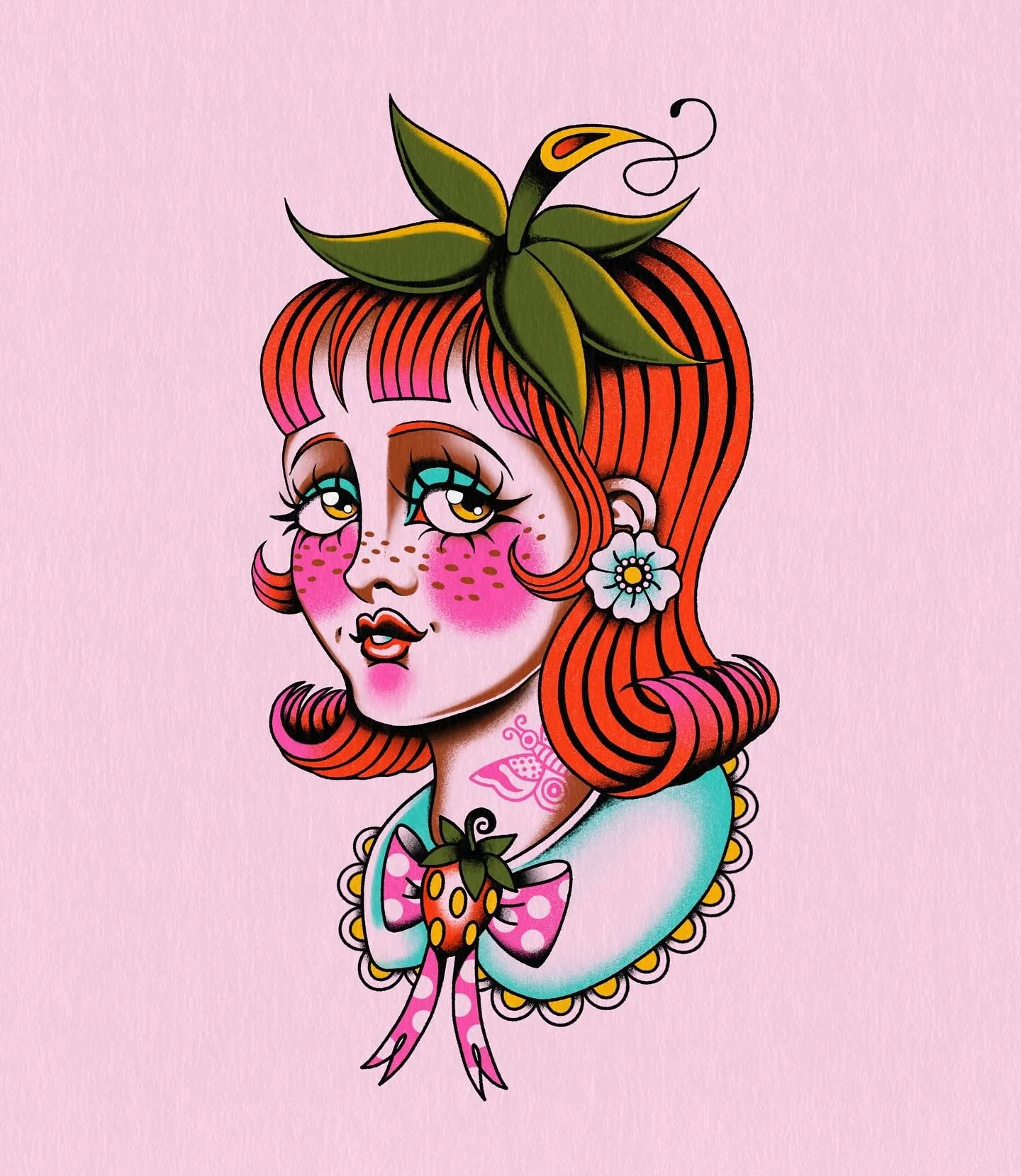 Vintage Strawberry Girl! She&rsquo;s a fruity cutie looking for a forever home - get in touch to claim this sweet lady 🍓🍰🎀💖

Colour only for her, she&rsquo;d suit a thigh or upper arm/shoulder - ideally hand sized 🫶🏻

🗓️ Booking for: September