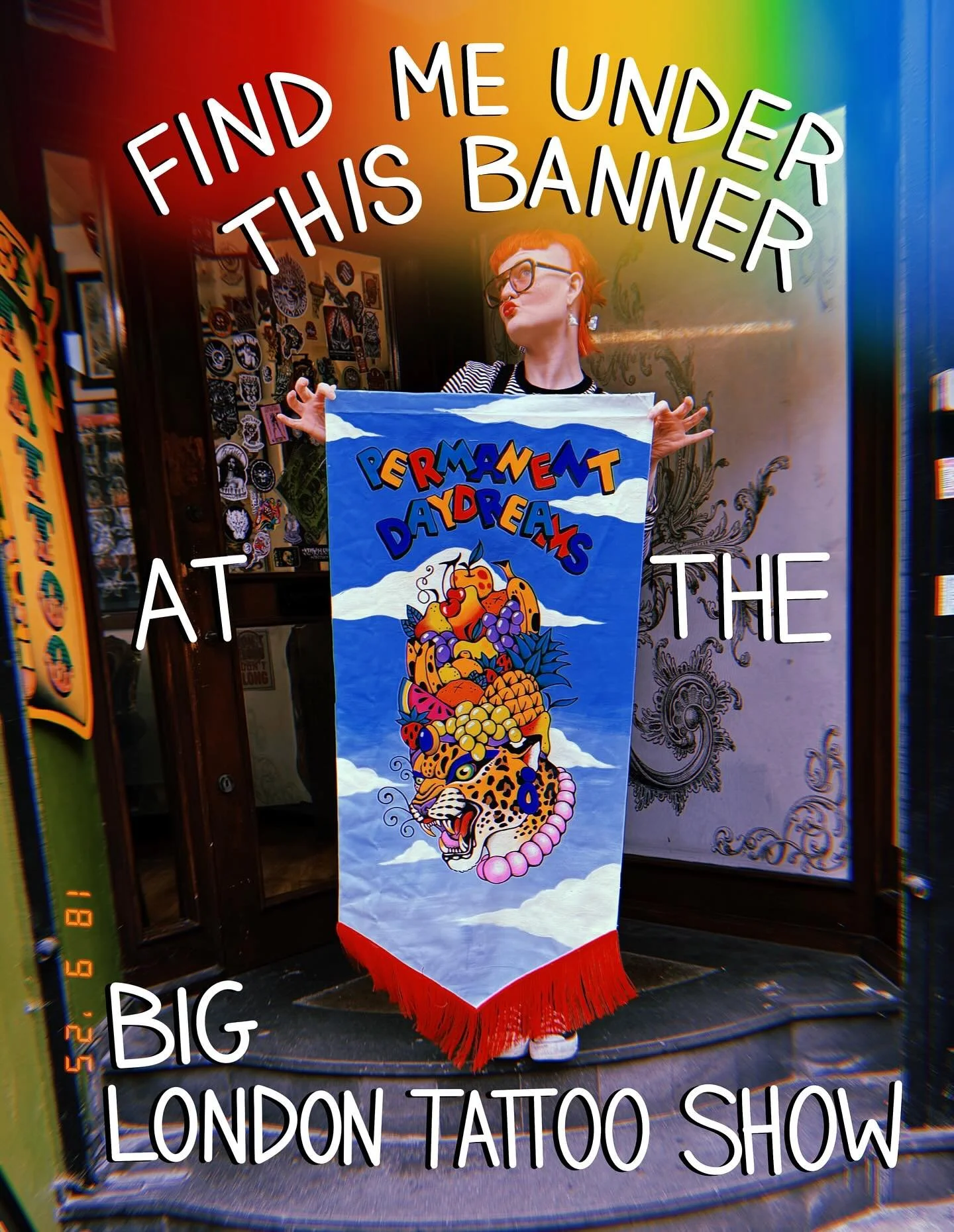 Come find me under this banner I hand painted (!) at the @biglondontattooshow starting Friday the 19th of September! I&rsquo;ll be kicking it at BOOTH 141 with the boss man @snappygomez representing @kingscrosstattoo 🌈🤡💘🎀🍓🍌

I&rsquo;ll be takin