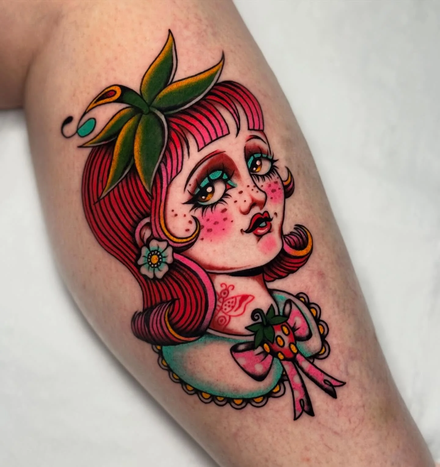 colourful strawberry lady for a colourful lovely Liza 🍓 Thank you so much for picking her when she was ripe ans giving her a forever home 🌈💖✨

Always lovely lady head tattoos in stock - DM for your own! 

🗓️ Booking for: February &amp; Beyond 🪩✨