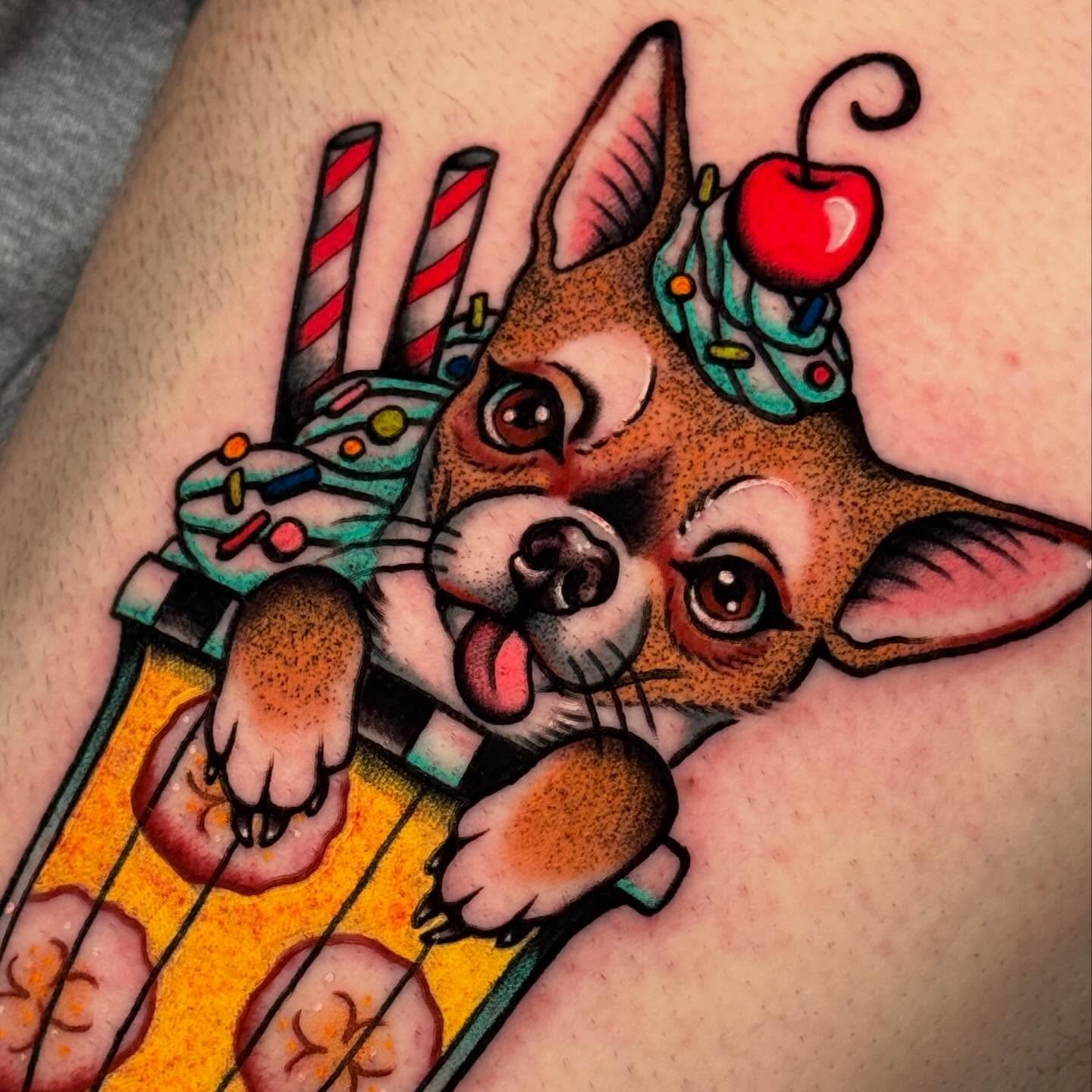 pet portraits + food items = SICK TATTOOS. Happy to show off Joe&rsquo;s latest pet portraot of sweet little chihuahua Banana, so named as she CAN&rsquo;T get enough of banana milkshakes hehe 🍌✨ PLEASE LET ME TATTOO YER PET ON YAZ PRETTY PLEASE WITH