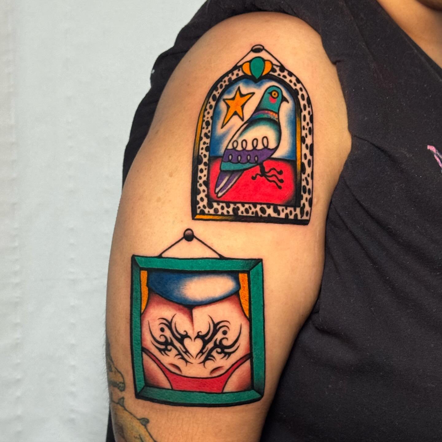 turning Habiba into an art gallery, 3(!) tattoos at a time 🖼️💖 two frames from my flash and one custom mango to honor Habiba&rsquo;s roots 🥭 thanks so much for the trust AND THE TEA 💅🏻 so jazzed tha the tribal trampstamp tattoo frame has a home 