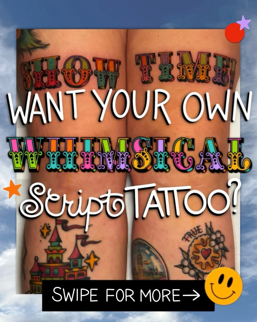 ✨ WHIMSICAL CIRCUS SCRIPT TATTOOS ARE HERE DIVAS ✨ happy to present you with a good few ideas for some script tattoos I would love to make, however these are incredibly customisable and I have a whole alphabet ready to go AND I would KILL to make the
