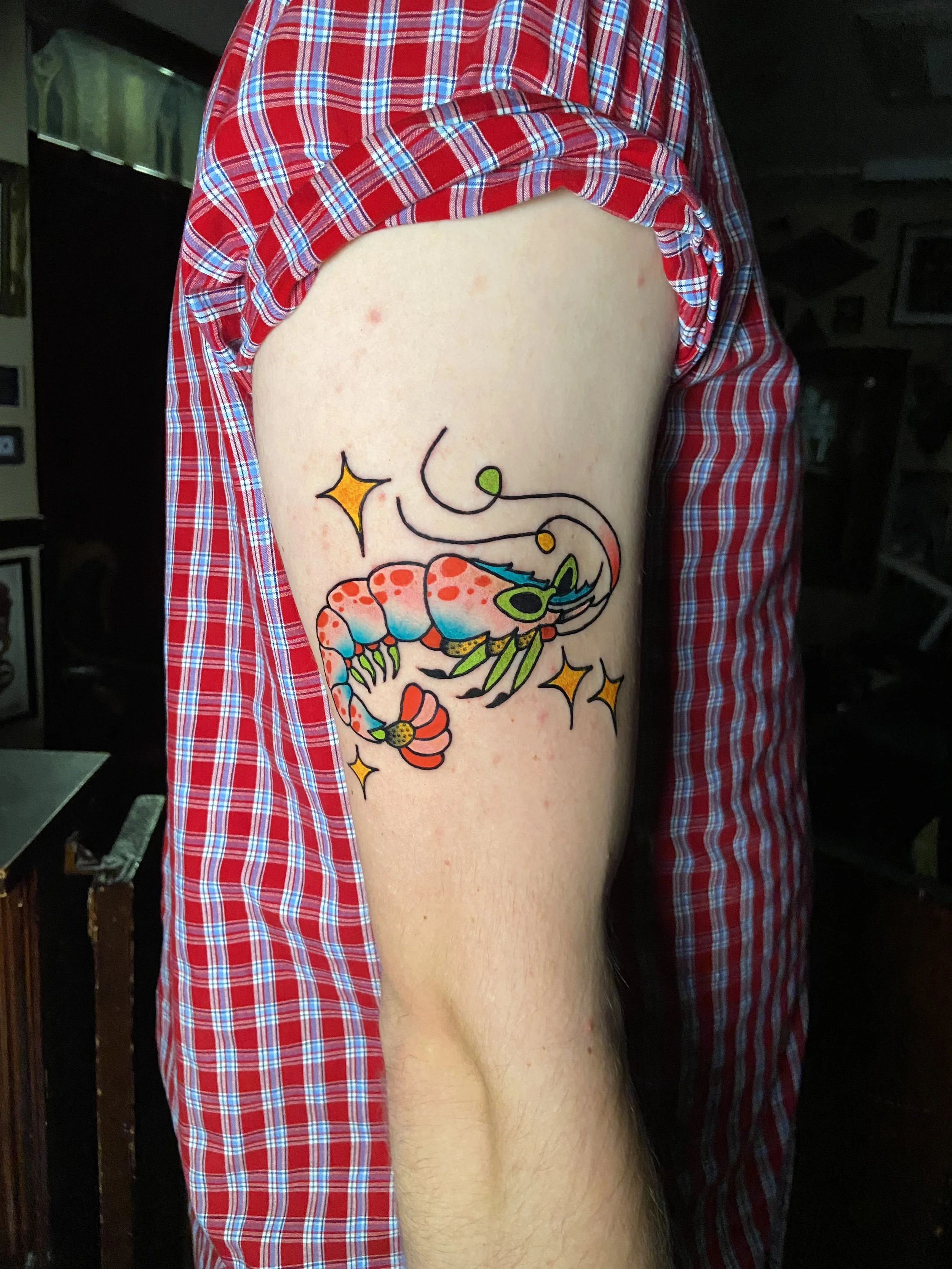 Colorful tattoo of a shrimp with patterns, stars, and swirls on a person's upper arm, wearing a red plaid shirt.