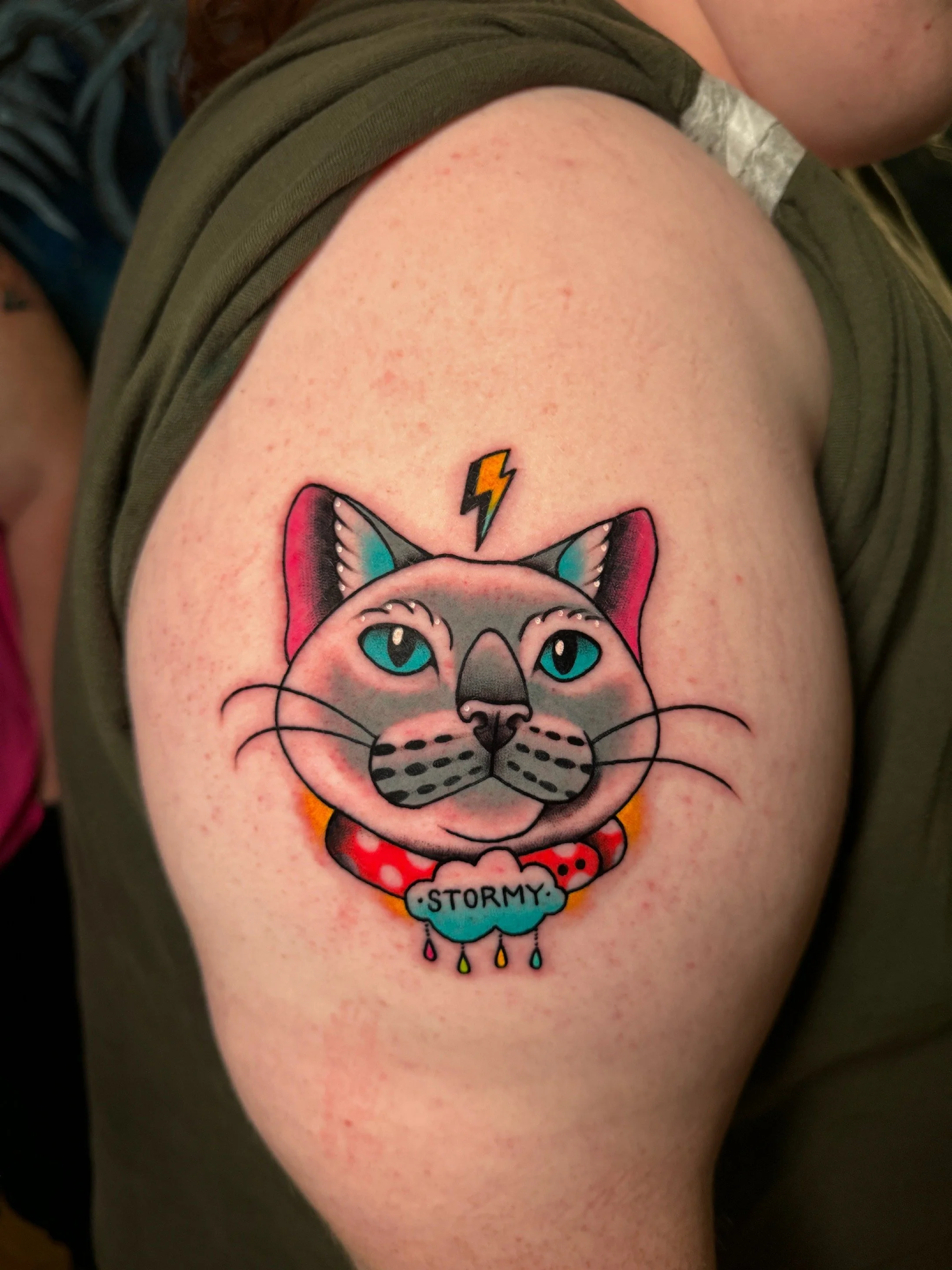 Colorful tattoo of a cat's face on upper arm, with bright blue eyes, a red polka dot collar, a blue name tag that reads 'STORMY', and a lightning bolt above its head.
