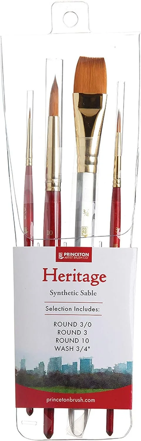 A set of five paintbrushes in clear plastic packaging with a red and white label. The brushes vary in size and shape, with some having fine tips and others with broad, flat bristles. The label reads 'Heritage Synthetic Sable' by Princeton Artist Brush Co., and lists the inclusion of various sizes.