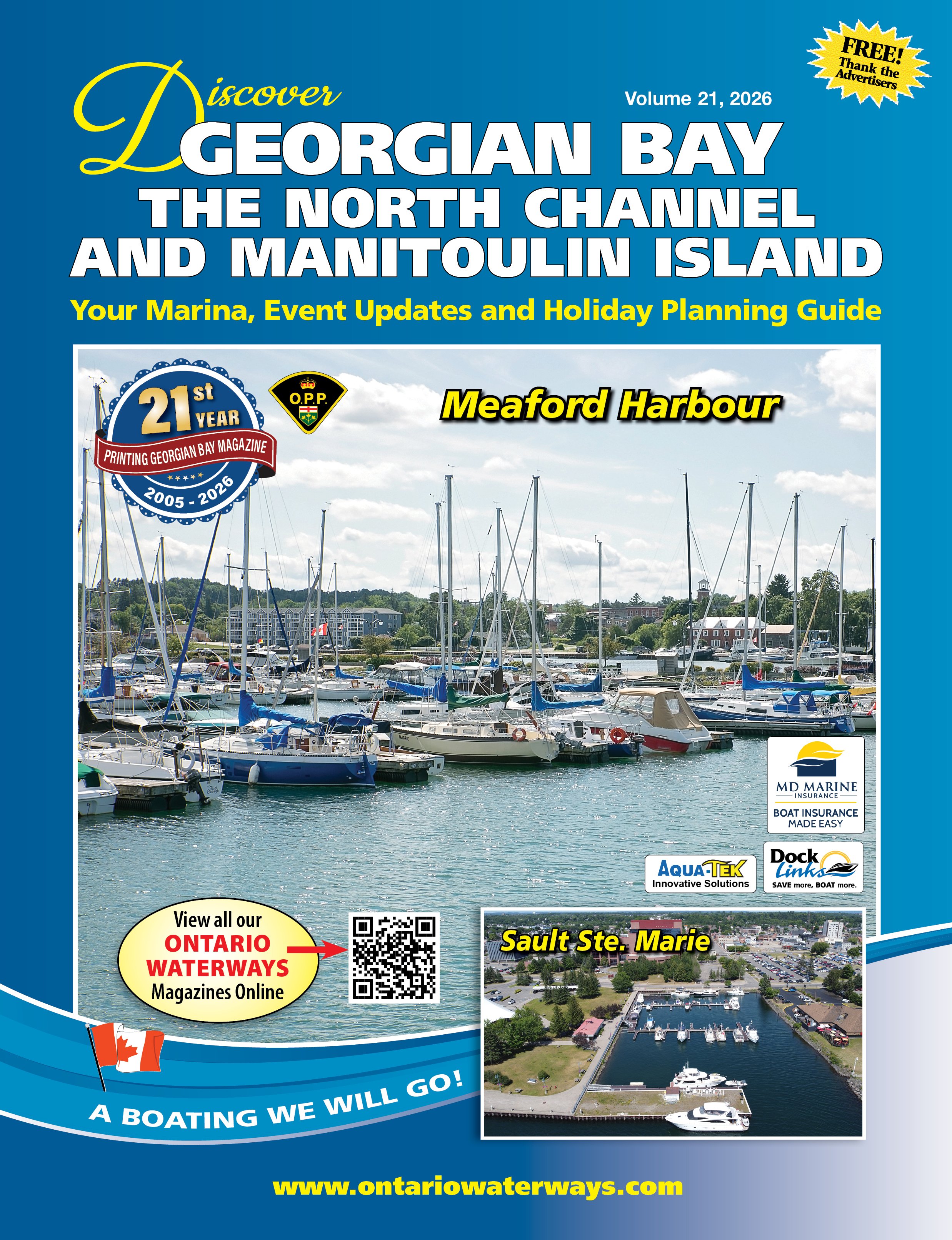 2026 Discover Georgian Bay, North Channel and Manitoulin Island magazine cover featuring Meaford Harbour sailboats and inset image of Sault Ste. Marie marina.