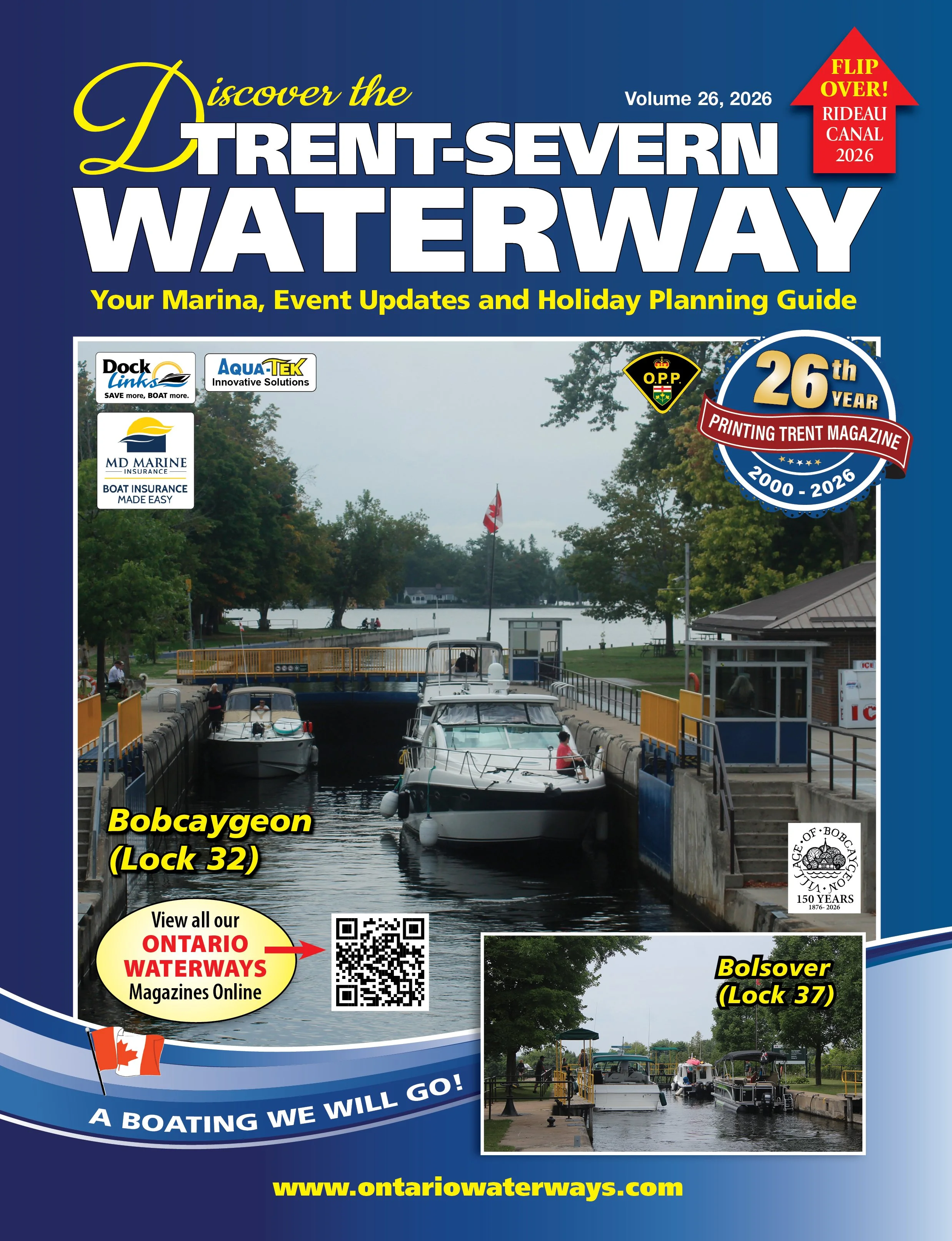 Discover the Trent–Severn Waterway 2026 magazine cover with boats in Bobcaygeon Lock 32 and inset image of Bolsover Lock 37