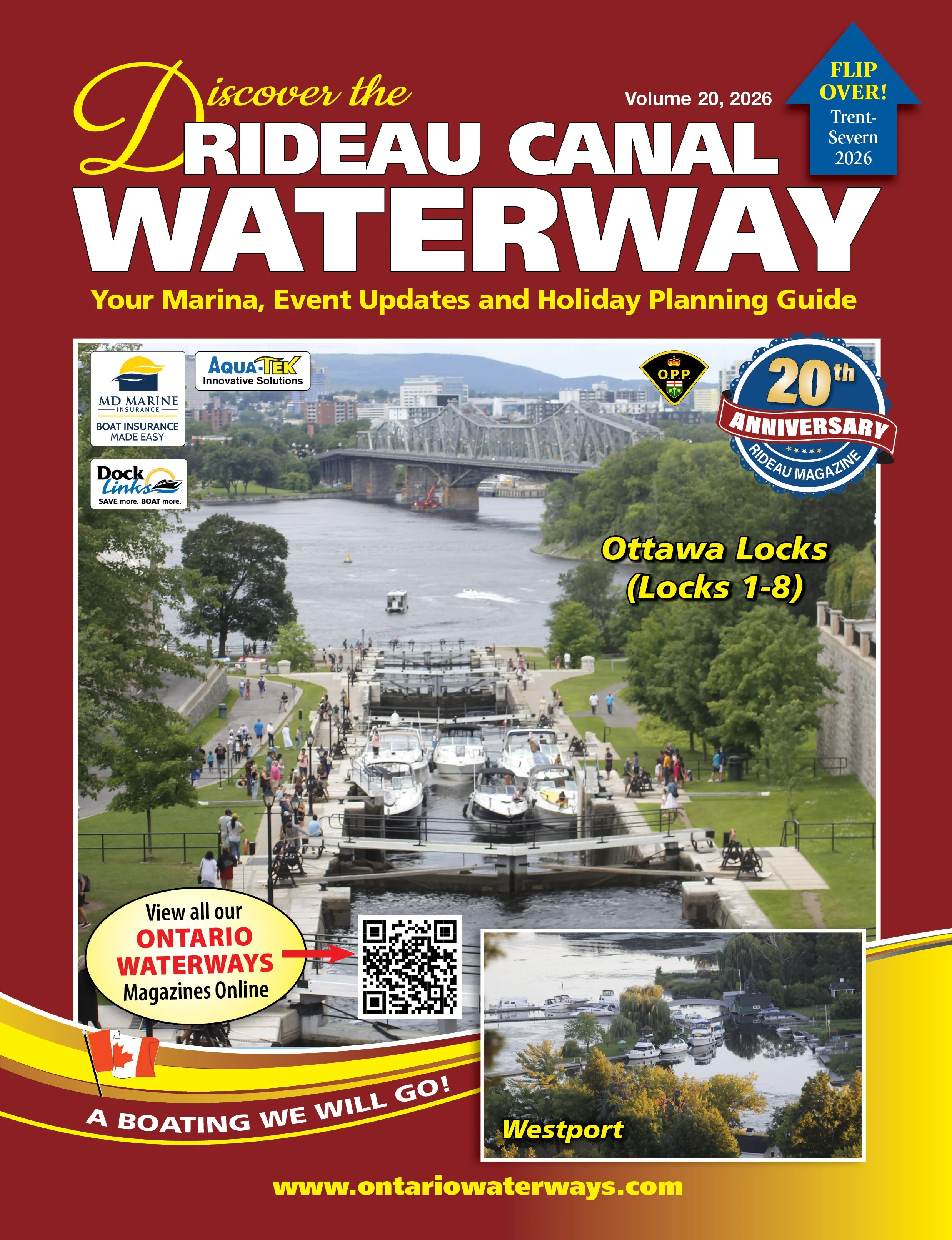 Discover the Rideau Canal Waterway 2026 magazine cover showing boats in Ottawa Locks 1–8 and inset image of Westport marina.
