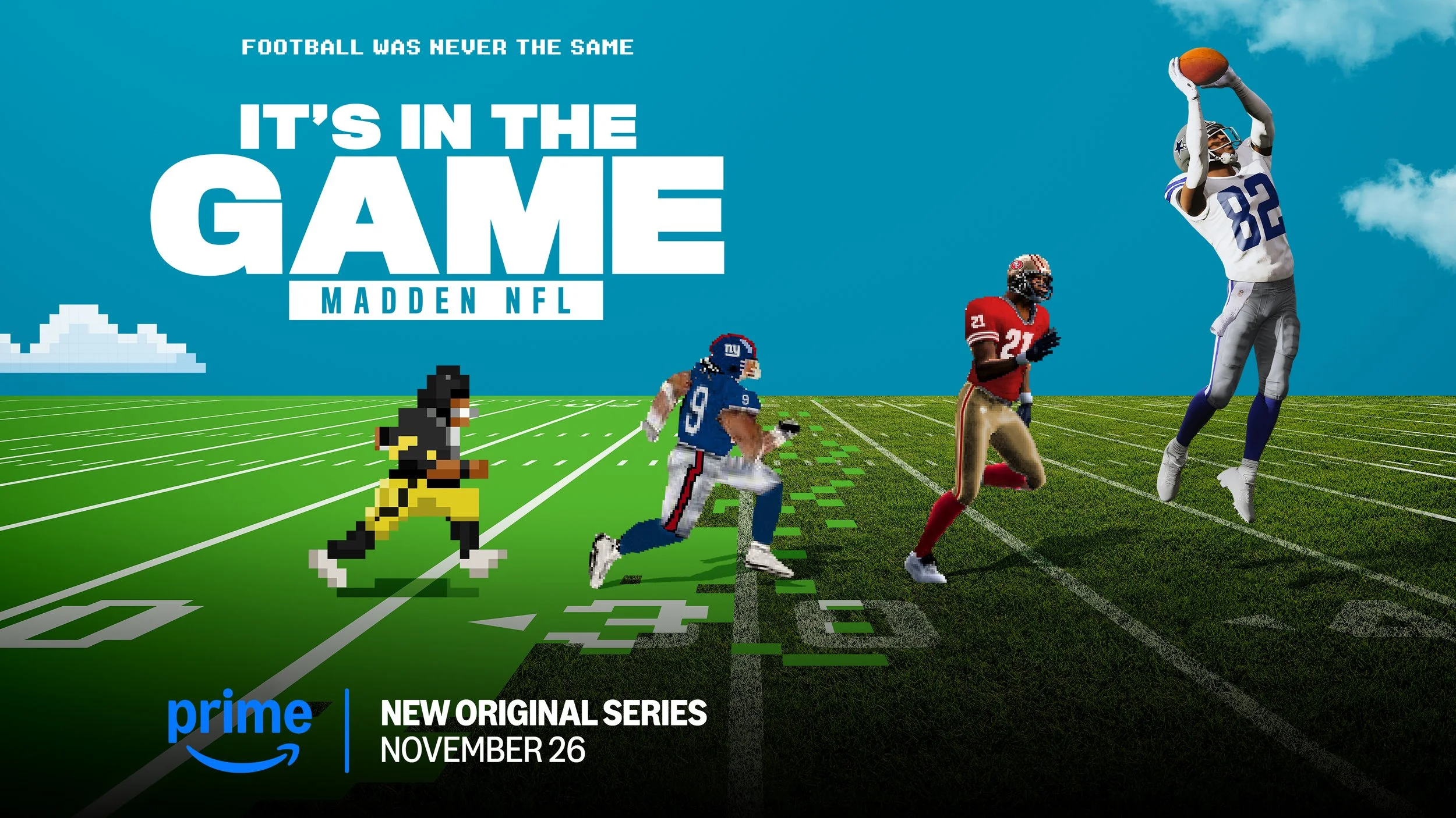 A promotional graphic for the Prime series 'It's in the Game: Madden NFL,' showing pixelated and real NFL players running on a football field with a blue sky background, and text promoting the series premiere on November 26.