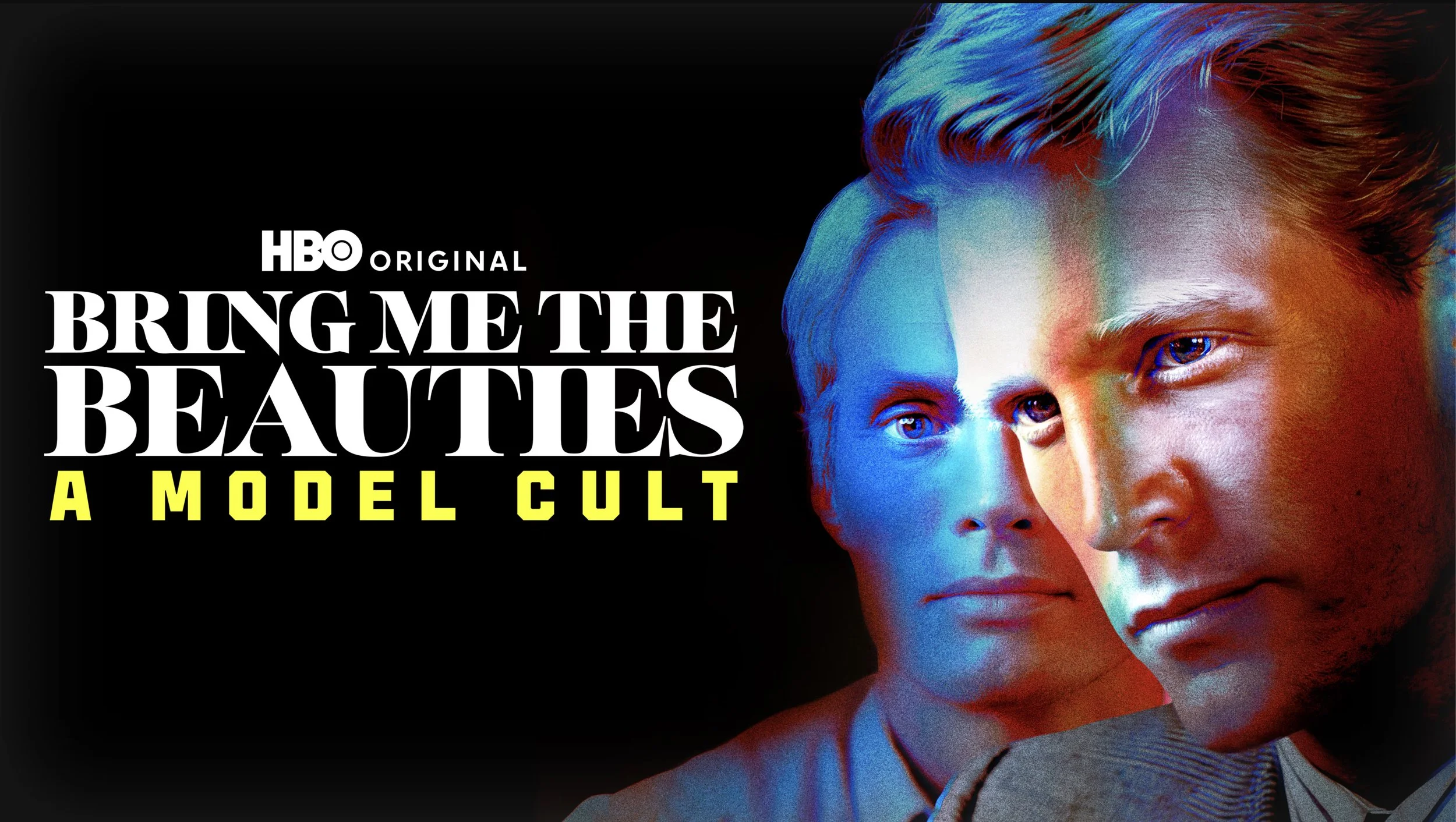 A promotional poster for the HBO series 'Bring the Baddies: A Model Cult' featuring two young men with intense expressions and colorful lighting.