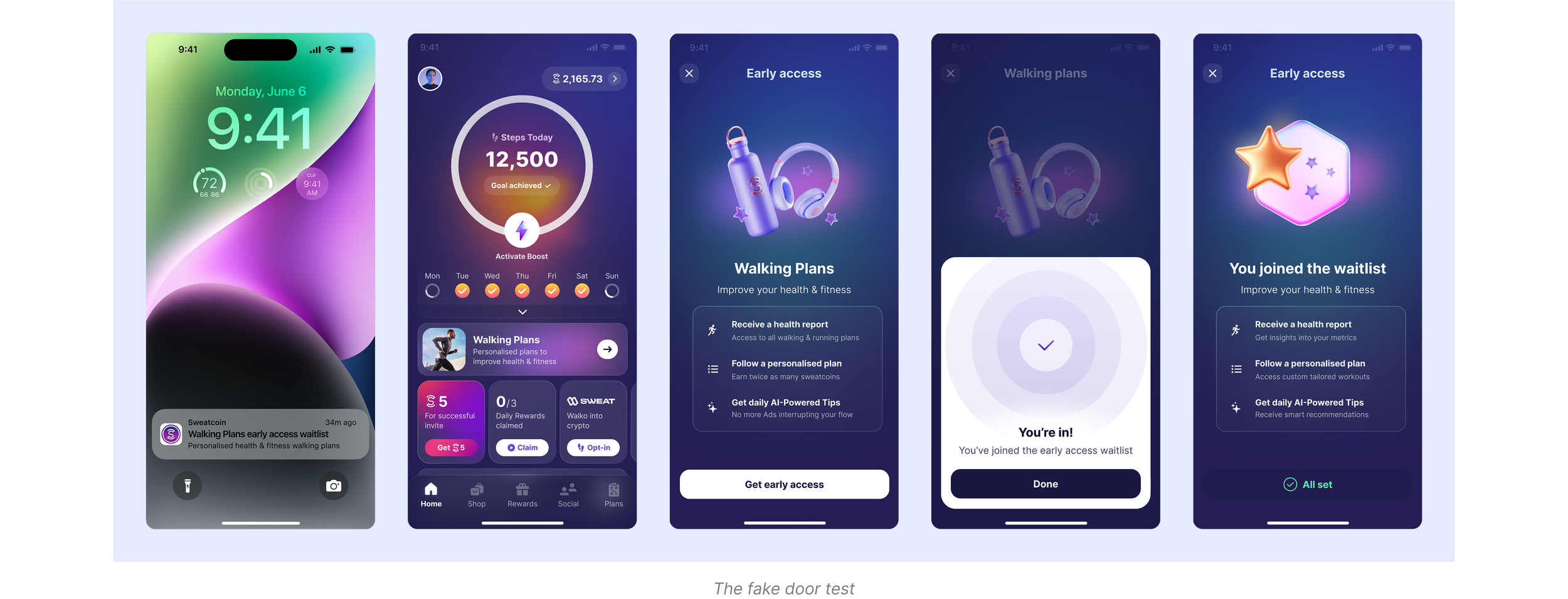 Health app concept screens used to test retention, rewards, and premium interest in health plans