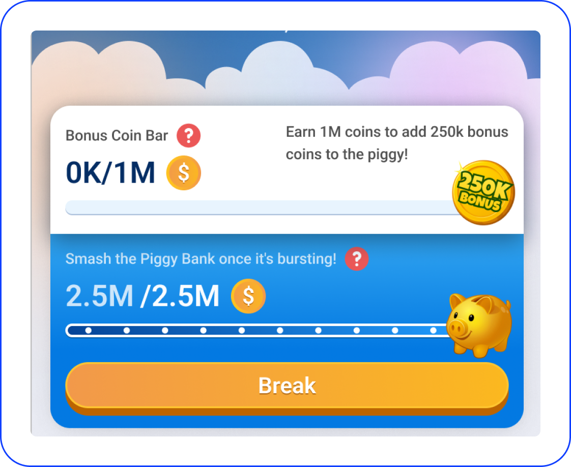 Mobile game interface with loyalty coins, game choices, and progress toward payout goals