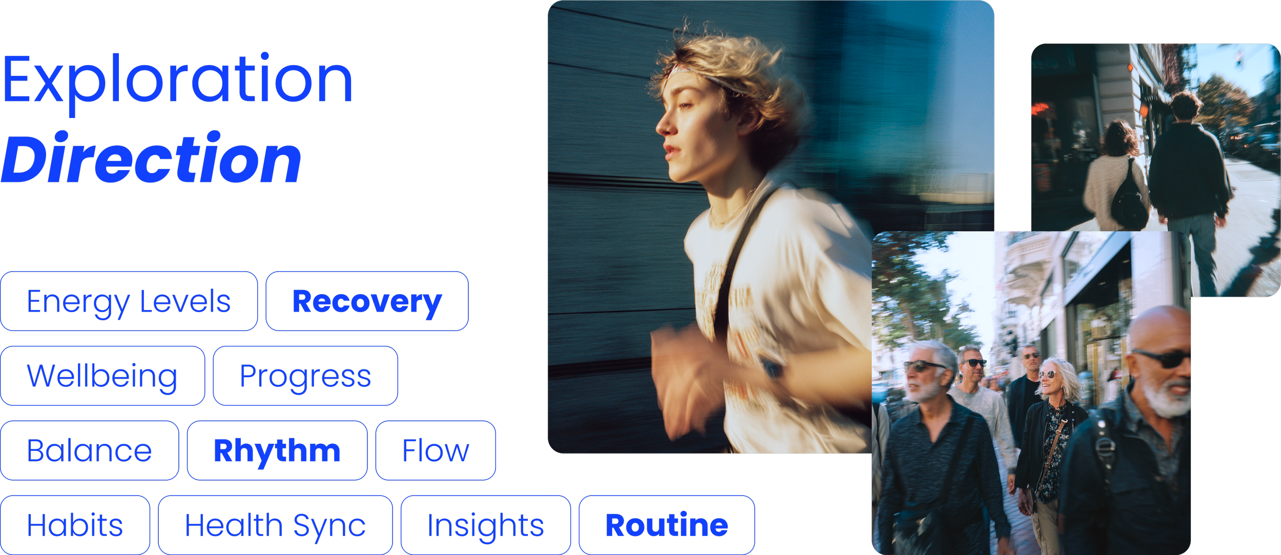 Wellness ecosystem concept board illustrating exploration direction across recovery, rhythm, habits, routine, personalization, integration, and long-term stickiness