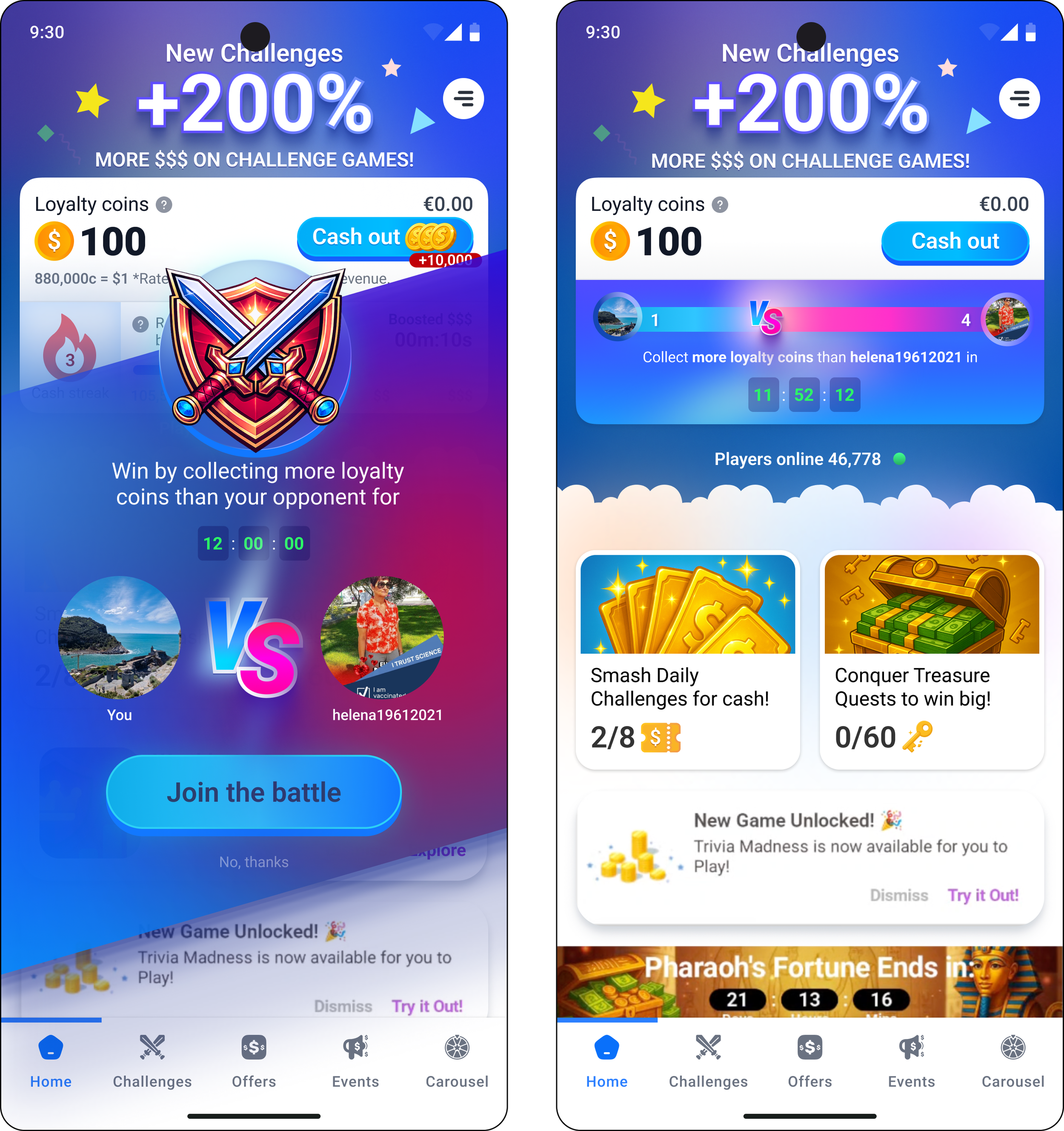 Peer-to-peer battle concept screens testing active competition and repeat engagement