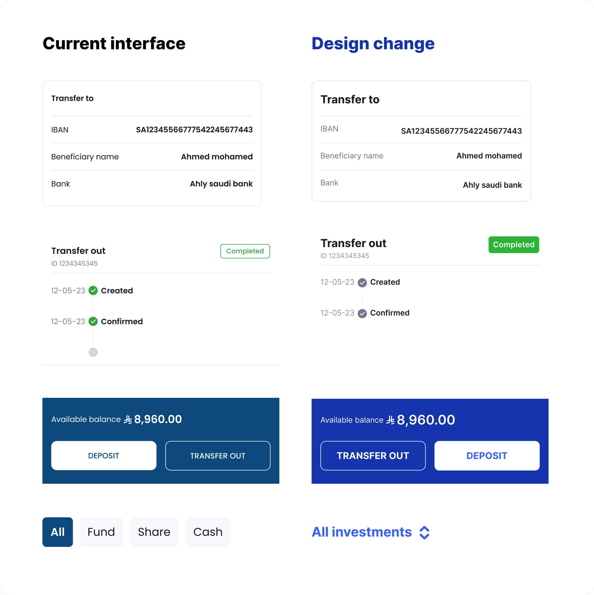 intech transfer flow comparison showing a redesign for clearer status, balance visibility, and investor trust