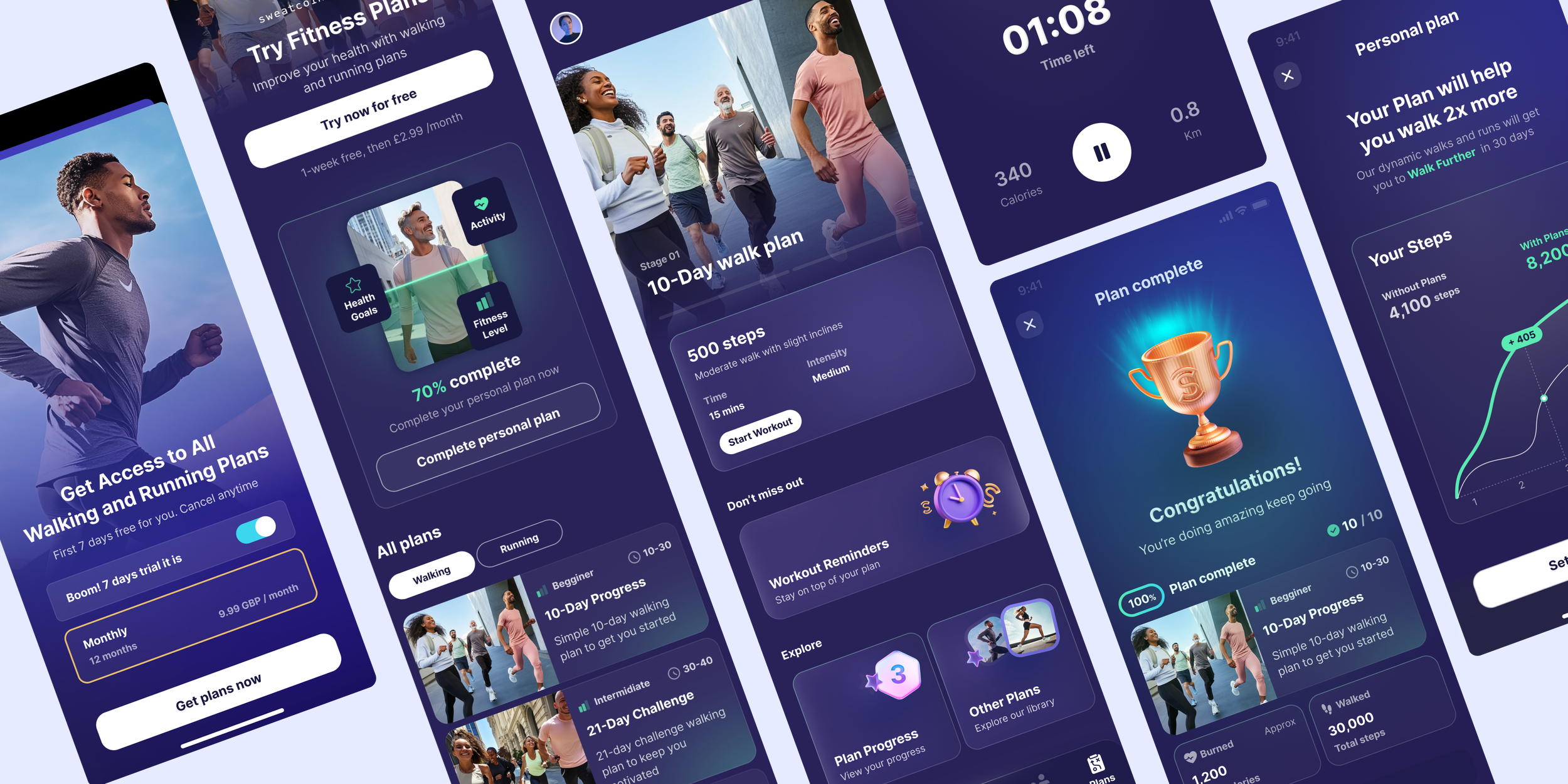 Health app screens for walking plans, progress tracking, and motivation features designed to improve retention and product adherence