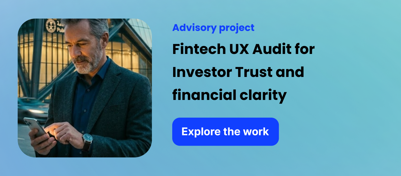 Visual for a fintech UX audit case on investor trust, financial clarity, and product credibility