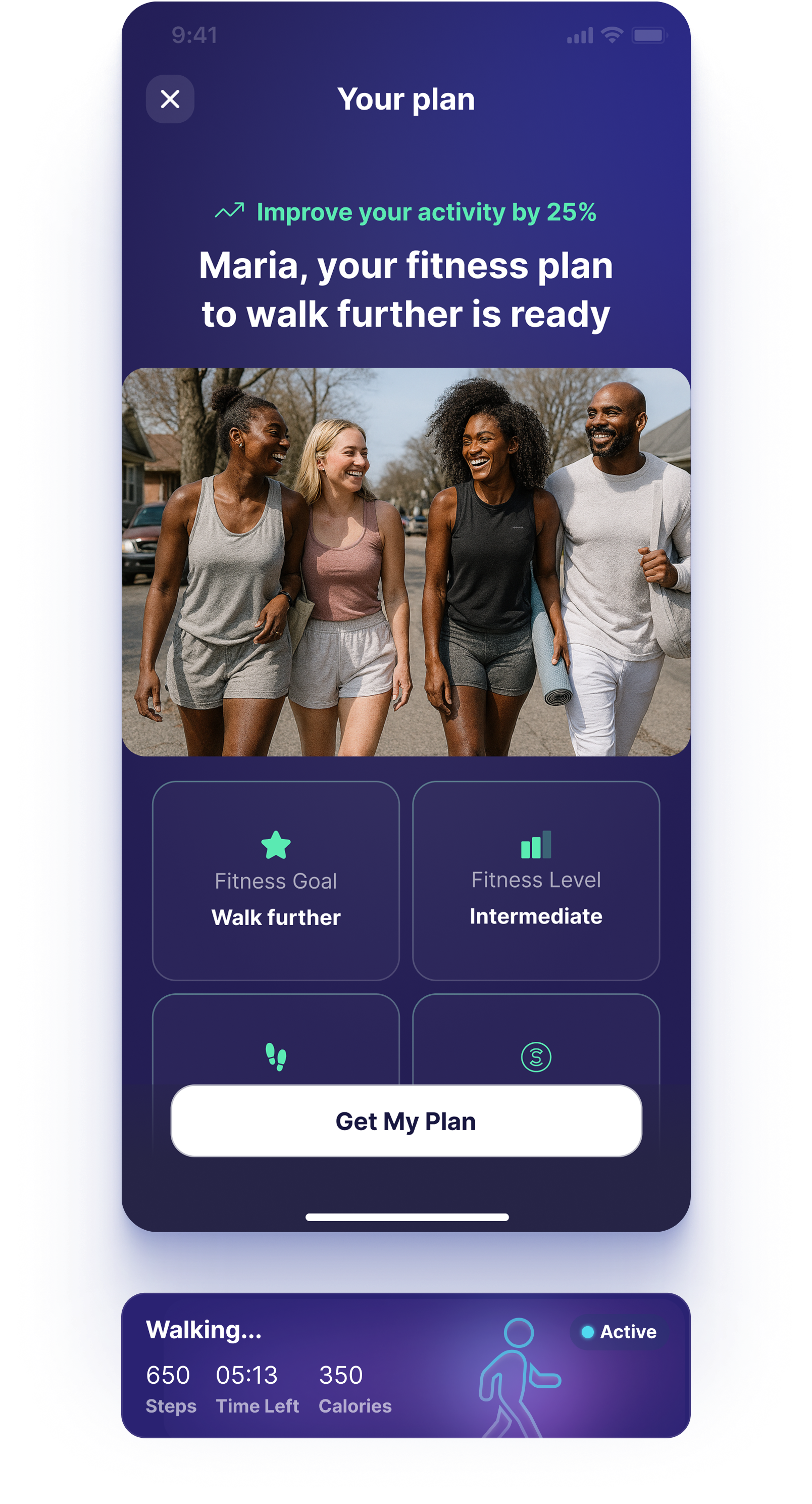 Personalized health plan screen designed to support guided walking goals and long-term adherence