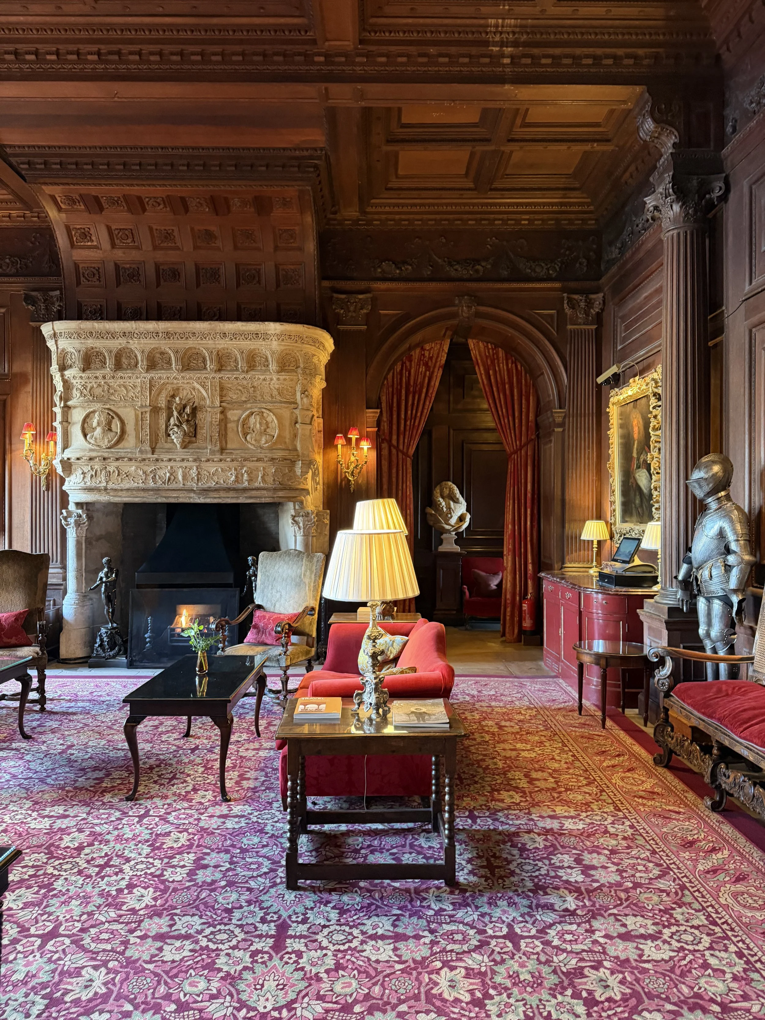 Cliveden House interior scene with fireplace and antique furniture