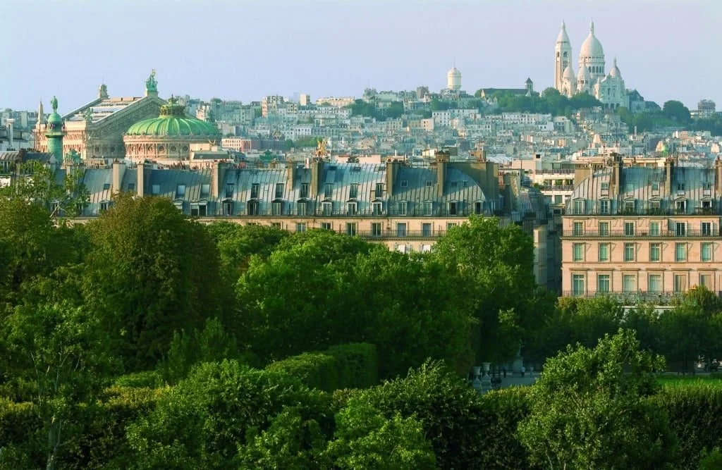 Cityscape of Paris with historic buildings and green trees in the foreground.