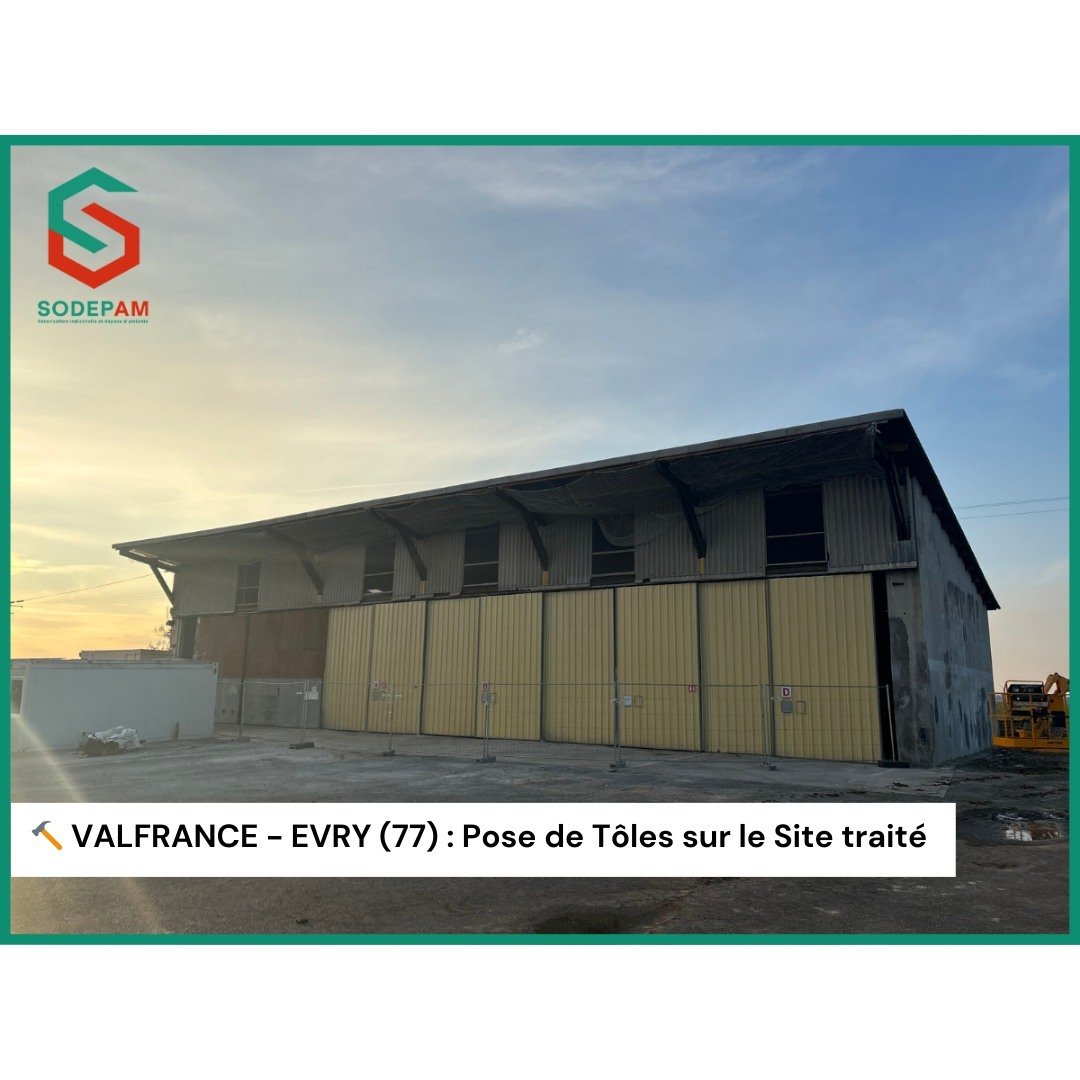 🔨 VALFRANCE - EVRY (77) : Pose de T&ocirc;les sur le Site trait&eacute;

Apr&egrave;s avoir s&eacute;curis&eacute; le site de Valfrance &agrave; Evry et effectu&eacute; les travaux de d&eacute;samiantage, l'&eacute;quipe de SODEPAM a proc&eacute;d&e